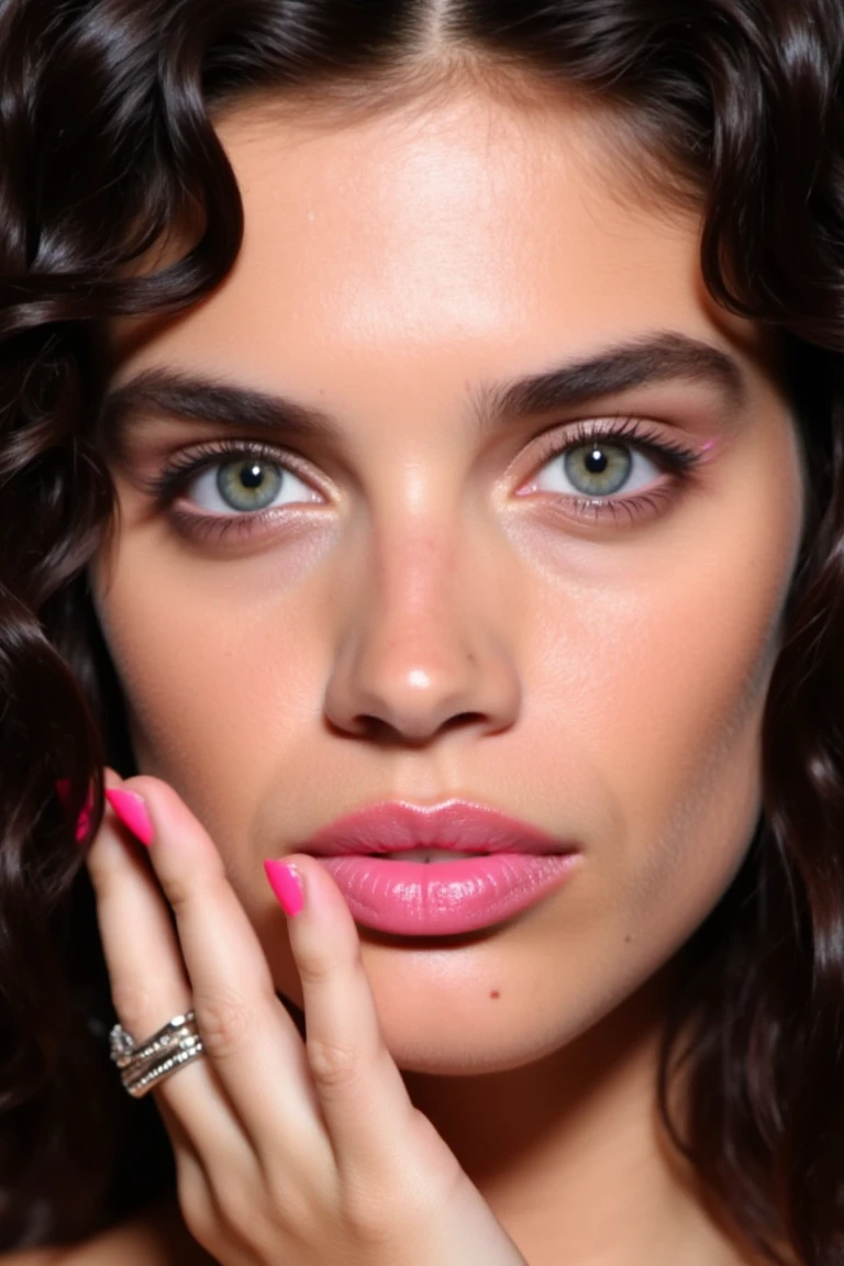 A close-up portrait of wos4r4s4m with gorgeous skin. Her eyes are strikingly green, and she has a neutral expression with a slight pout. Her makeup is subtle, featuring pink lipstick and a touch of blush on her cheeks. Her hair is dark and curly, cascading over her shoulders. She is wearing a ring on her left hand, and her nails are painted a bright pink color. The background of the image is not visible, focusing the viewer's attention solely on her face.