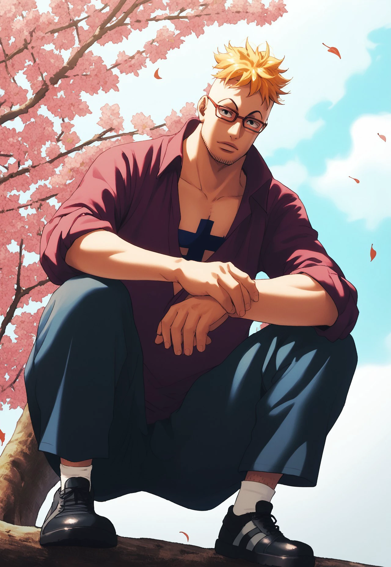 score_9, score_8_up, score_7_up, source_anime, rating_safe, sunspots, MarcoOP, black_Marco_facial hair, blonde_Marco_hair, red_Marco_glasses, black_eyes, 1boy, male focus, trousers, black footwear, ninja, squatting, looking down at viewer, hands with five fingers, on a tree branch, from below, windy drifting leaves, anime cinematic, realistic shading,