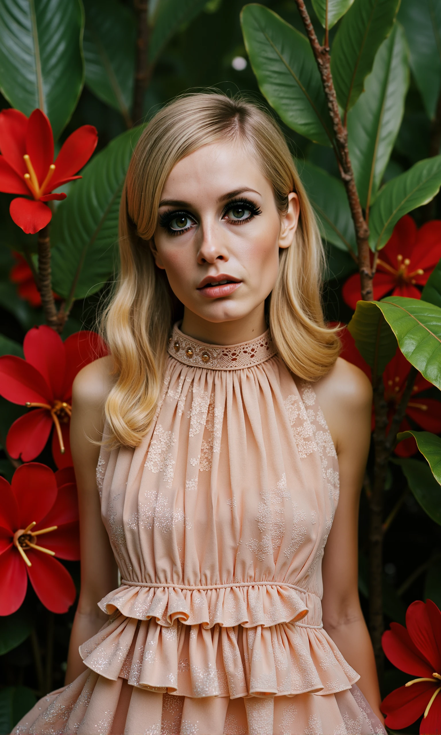 Twiggy,A stunning 1970s-inspired photograph of Twiggy, surrounded by vibrant tropical foliage and red flowers, creating a striking contrast with her poised, elegant presence. Twiggy is dressed in a high-collared, flowing floral dress with ruffled details, similar to the outfit in the image. The fabric features soft pastel hues with intricate patterns, perfectly complementing the natural, lush surroundings. Her look is both regal and delicate, capturing the ethereal, high-fashion aesthetic of the time.

Twiggy’s makeup remains her signature style, with thick black eyeliner extending in a dramatic cat-eye shape, emphasizing her wide, expressive eyes. Her lower lashes are drawn on, adding a bold touch to her iconic doll-like appearance. Her lips are kept soft and natural, painted in a light peachy tone to harmonize with the elegance of the floral backdrop. Her blonde hair is styled sleek and straight, falling gracefully over her shoulders, providing a modern contrast to the classic 70s fashion.

The background is filled with large, vibrant green leaves and bold red flowers that frame her face, creating a natural, artistic setting. The lighting is soft and diffused, gently illuminating Twiggy’s face and highlighting the delicate textures of her outfit and the surrounding plants. The photograph has a slightly grainy, muted texture typical of 70s film, giving the image a nostalgic, vintage quality while allowing the rich colors of the flowers and greenery to pop.

The overall mood is one of natural beauty and sophistication, blending Twiggy’s timeless mod style with the elegance of high fashion and the organic beauty of the tropical setting. The combination of lush foliage, soft colors, and her iconic look creates a captivating, serene image that feels both vintage and timeless