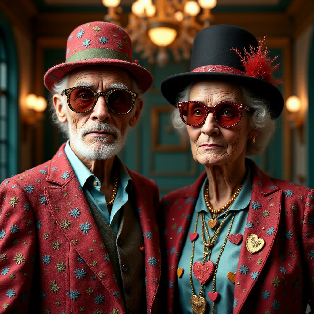 It is a stunning full-body photo of two extremely tall and skinny quirky elderly couple, a man and a woman, with eccentric figures. They wear outrageously colorful Vogue-style outfits and large, extravagant glasses, complemented by whimsical and flamboyant hats. The image is in soft focus and a vertical format, naturally lit with an f2 aperture on a 50mm lens. The style is inspired by classic chrome, with a slight film grain and intricate cinematic lighting. The image is highly detailed, with sharp focus and a touch of visual humor. <lora:vatoko_hearts:1>