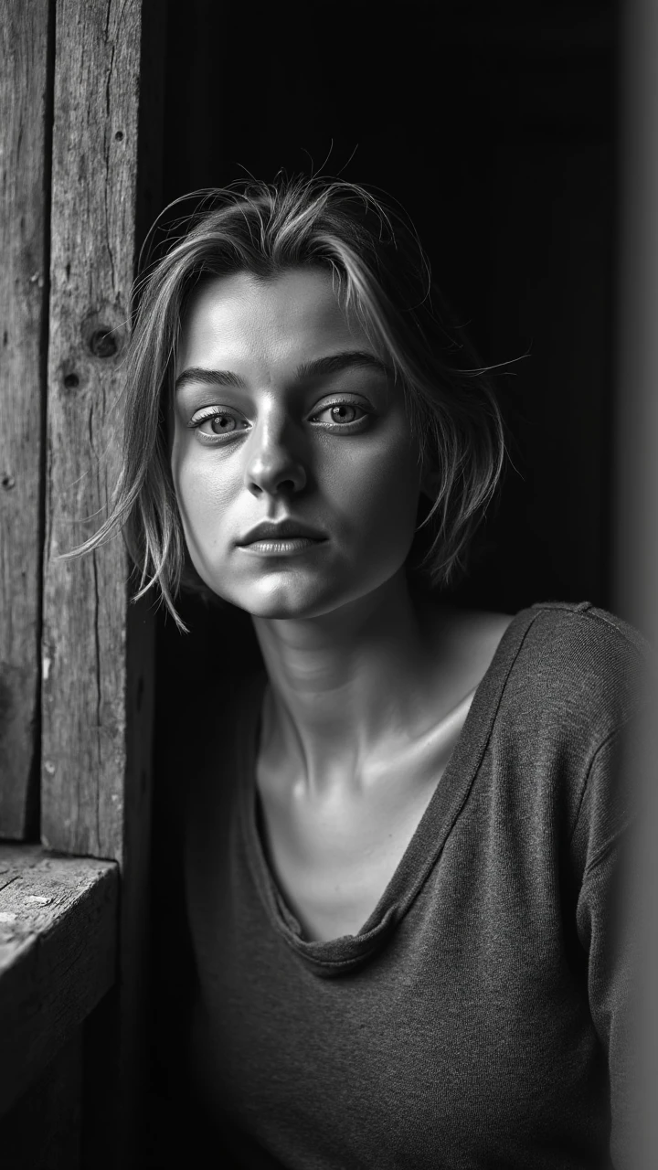 an extremely detailed photo captured with Leica M3 Double Stroke Camera using Æ/1.4 of 3mc0rr in tomboyish clotes. She's in a barn, leaning on a beam.