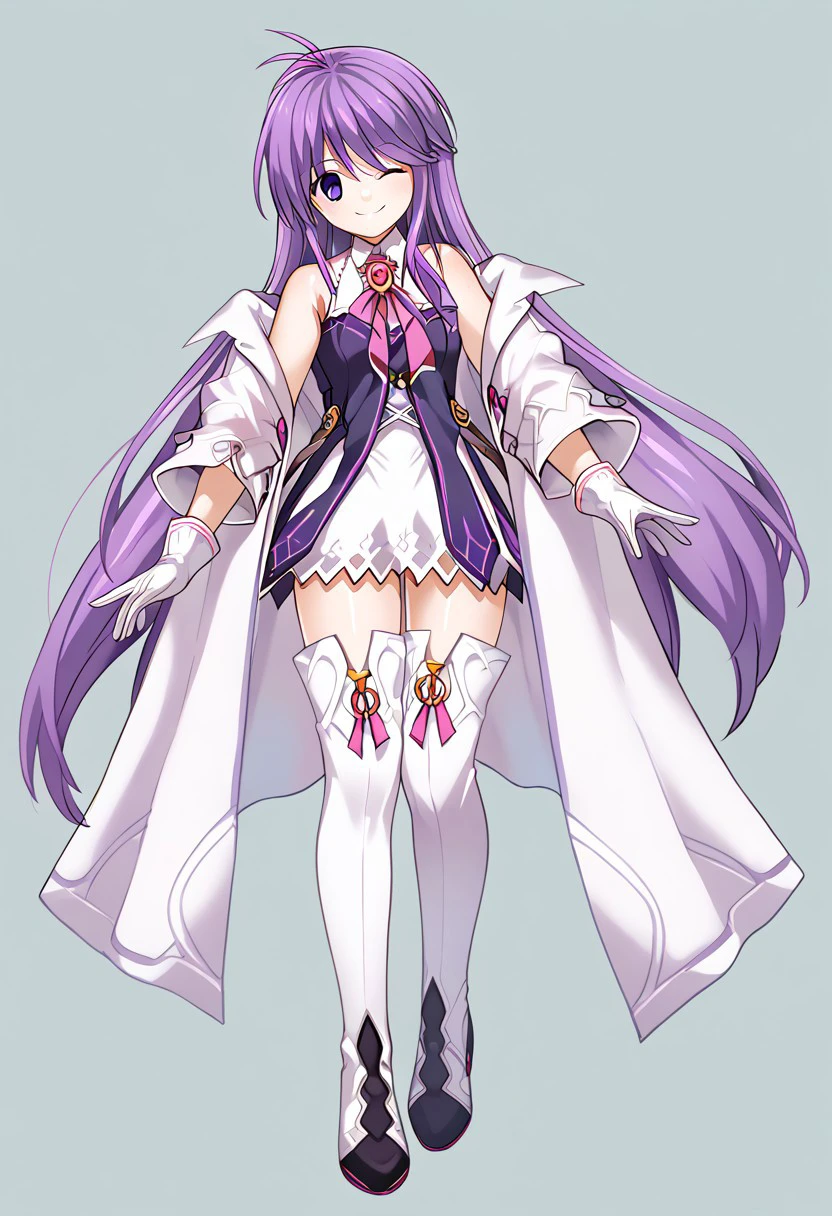 score_9, score_8_up, score_7_up, source_anime, good anatomy, 1girl, solo, AishaAS, antenna hair, ahoge, long hair, purple hair, sidelocks, very long hair, purple eyes, amulet, pink ribbon, wing collar, white and purple dress, layered dress, sleeveless dress, leather belt, off shoulder coat, white coat, white gloves, white thighboots, zettai ryouiki, standing, smiling, full body, leaping, one knee raised, winking