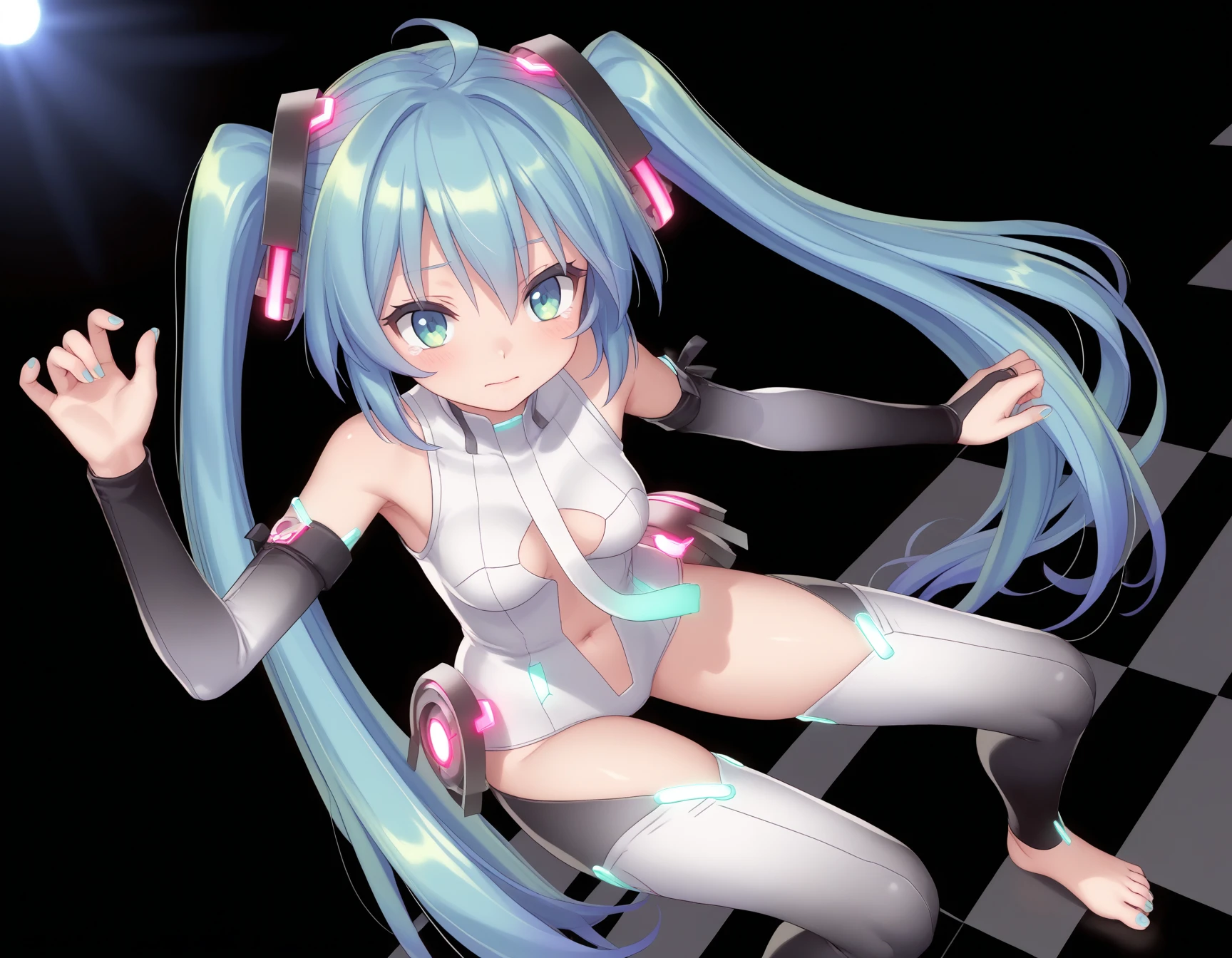 (quality)), ((masterpiece)), Recommended resultsluffly、(see through:1.5)、whole body 、Swollen nipples，straighten your back、huge bust、angle to floor:1.2、low camera angle、Hair loss on crotch、Whole body facing the camera，Hair can be seen on the crotch，Hatsune Miku，Mecha style clothes，white body