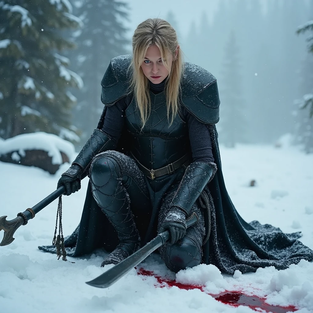 An atmospheric and powerful dark fantasy image, classical style painting of a beautiful 3mc0rr warlord dressed in intricate dark armor. She crouches with her head down and her dirty blonde hair falls over her face. She holds a powerful staff of dark steel. There is blood in the snow around her from a fallen enemy. Cinematic shot in a snowy mountainous region. 