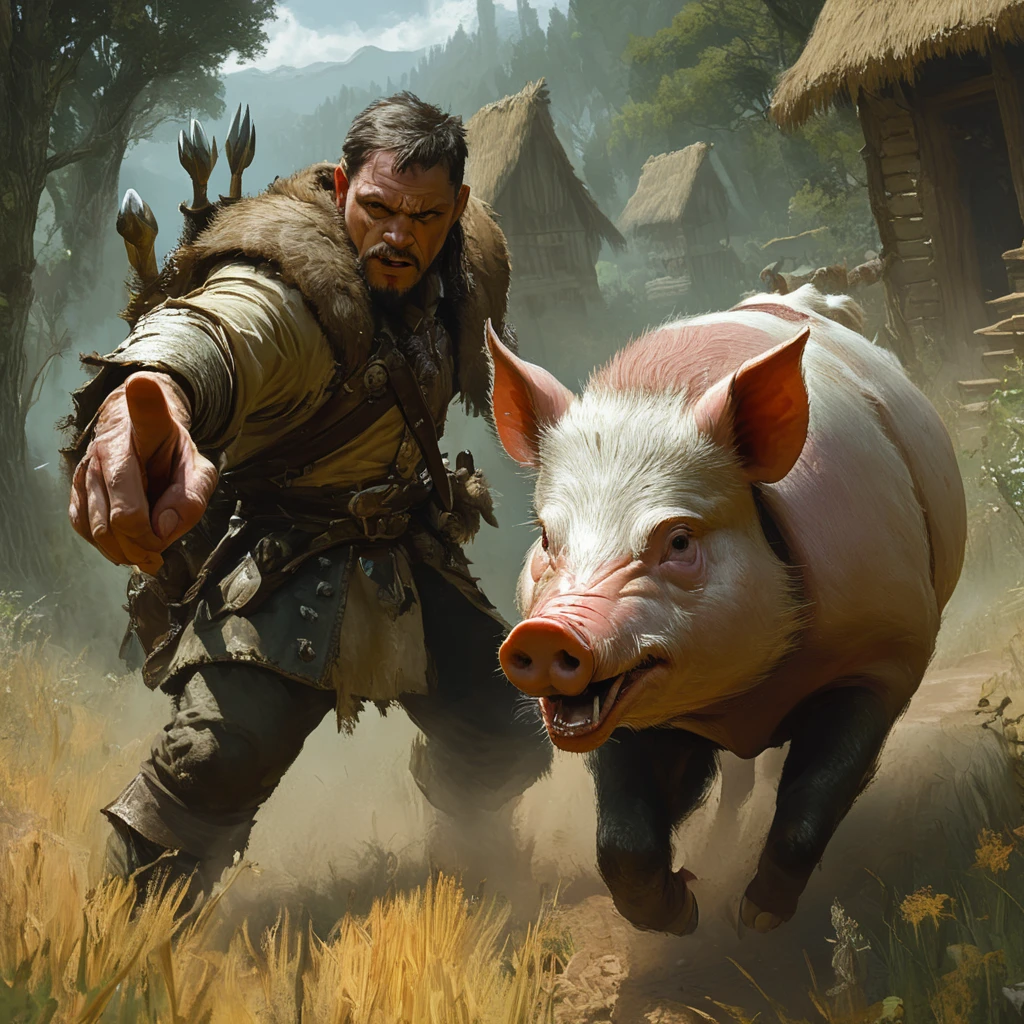 Ranger and pig, 1man, beastmaster, pointing