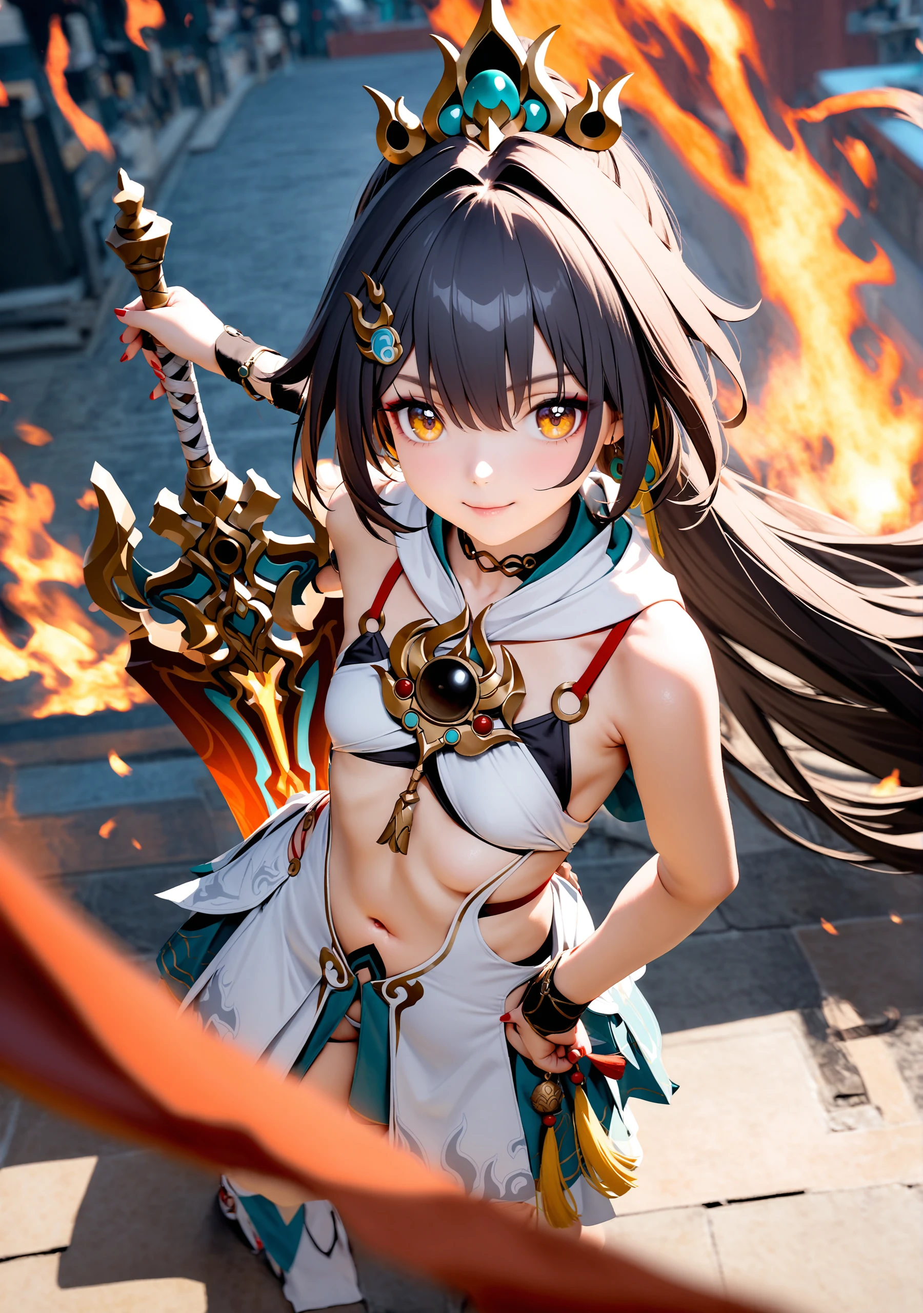 masterpiece, best quality,<lora:unnri-xl:0.7>,  <lora:a31cosv2_last:1>,little girl,
yunli (honkai: star rail), 1girl, weapon, holding weapon, holding, sword, holding sword, solo, looking at viewer, long hair, bangs, smile, hair ornament, closed mouth, yellow eyes, navel, black hair, breasts, bare shoulders, dress, small breasts, nail polish, hair between eyes, hand on hip, chinese clothes, fire, flaming weapon, white dress, sleeveless