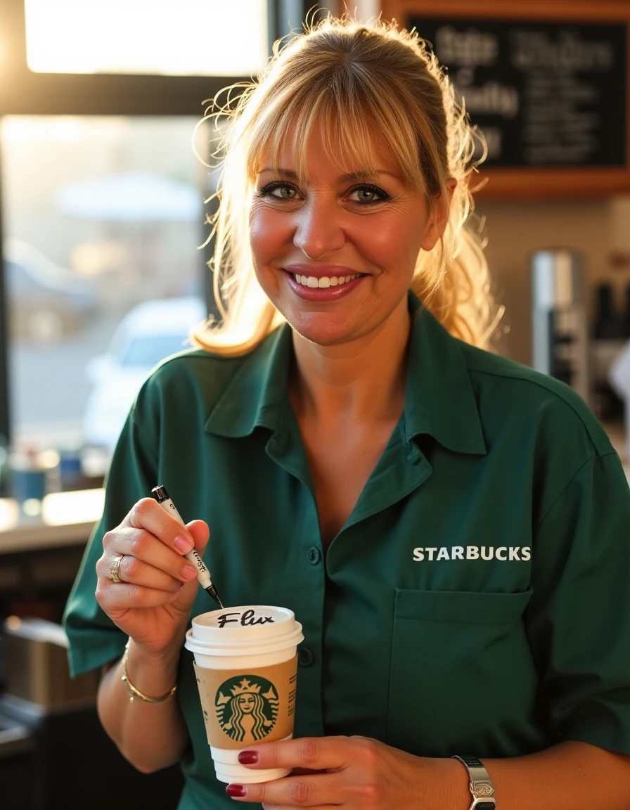 a photo of alessandramussolini selling coffee at Starbucks. She wears her long blonde hair tied to a ponytail. She wears lipstick on her full lips and eyeliner makeup. Her skin shows ageing wrinkles. She is wearing a Starbucks barista uniform. She is writing \"Flux\" with a marker pen on a cup of Starbucks coffee. Sunlight is shining through a window.