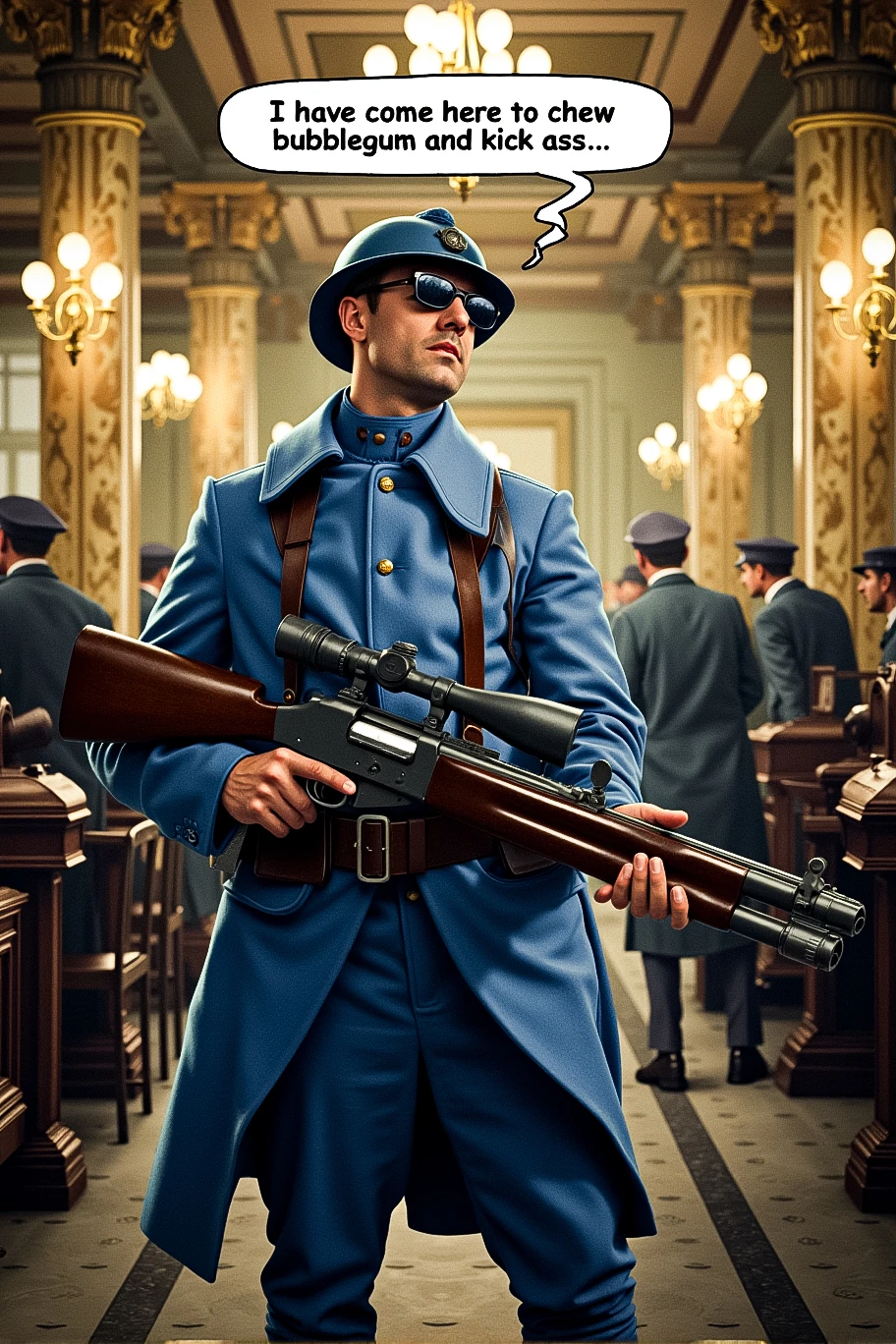 "A French WW1 soldier, dressed in his blue uniform and holding a shotgun, wearing dark sunglasses, stands confidently inside a bank. The atmosphere is tense as he gazes at the startled customers and staff. With a stern expression under his helmet, he declares loudly in a comics bubble text : "I have come here to chew bubblegum and kick ass" The room is filled with marble columns, vintage teller windows, and grand chandeliers. His rifle gleams under the light, and the people around him freeze in shock." <lora:french_soldier_flux_v1:1>