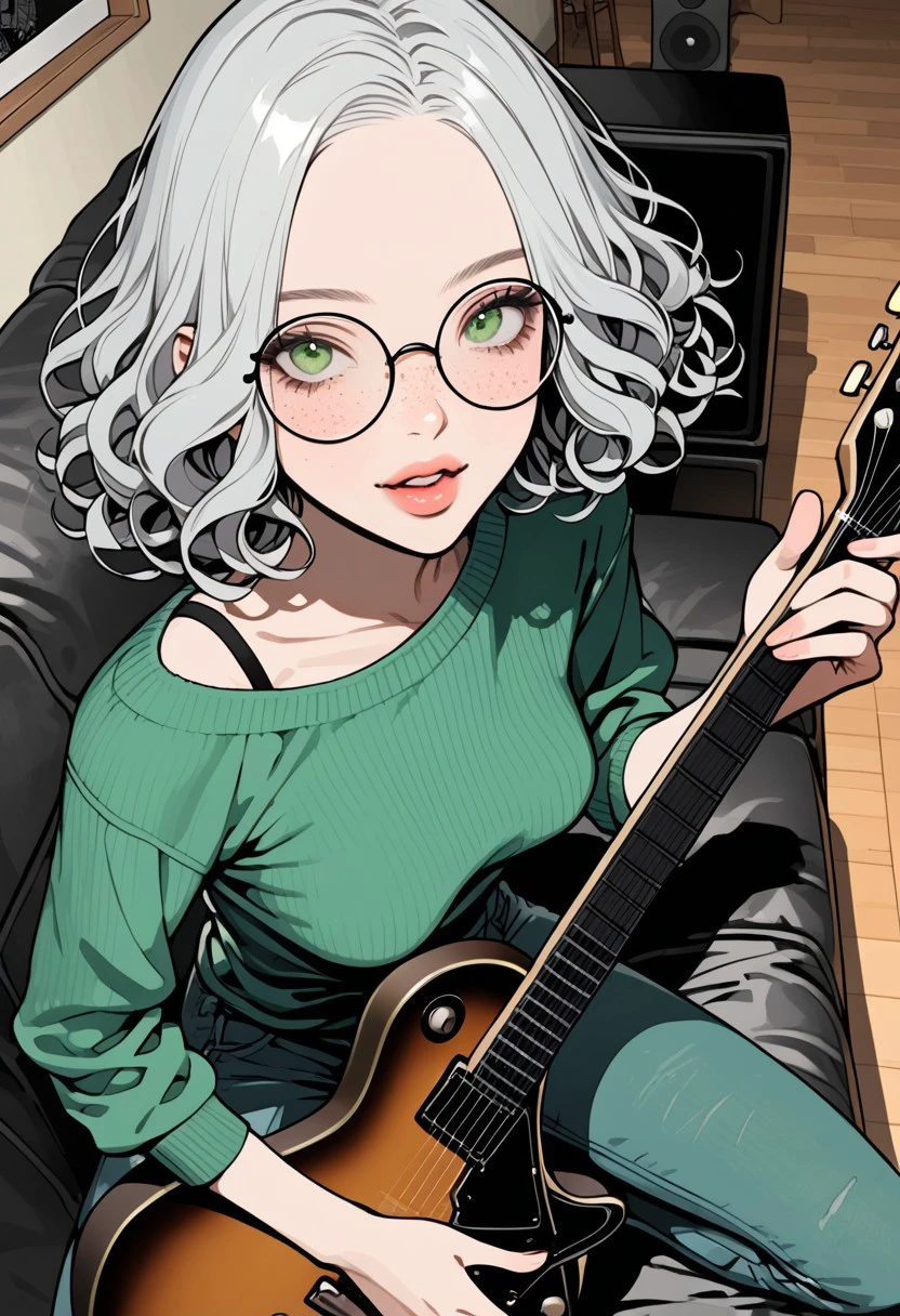 1girl, curly hair, short hair, platinum hair, short, medium breast size, green eyes, round face shape, pale skin tone, has freckles across her nose and cheeks
 big round eyeglasses, slim, pale skin, living room, on a couch, wearing oversized green sweater, denim pants, acoustic guitar, playing_instrument, playing guitar, relaxed, parted lips, singing, face closeup, high angle view