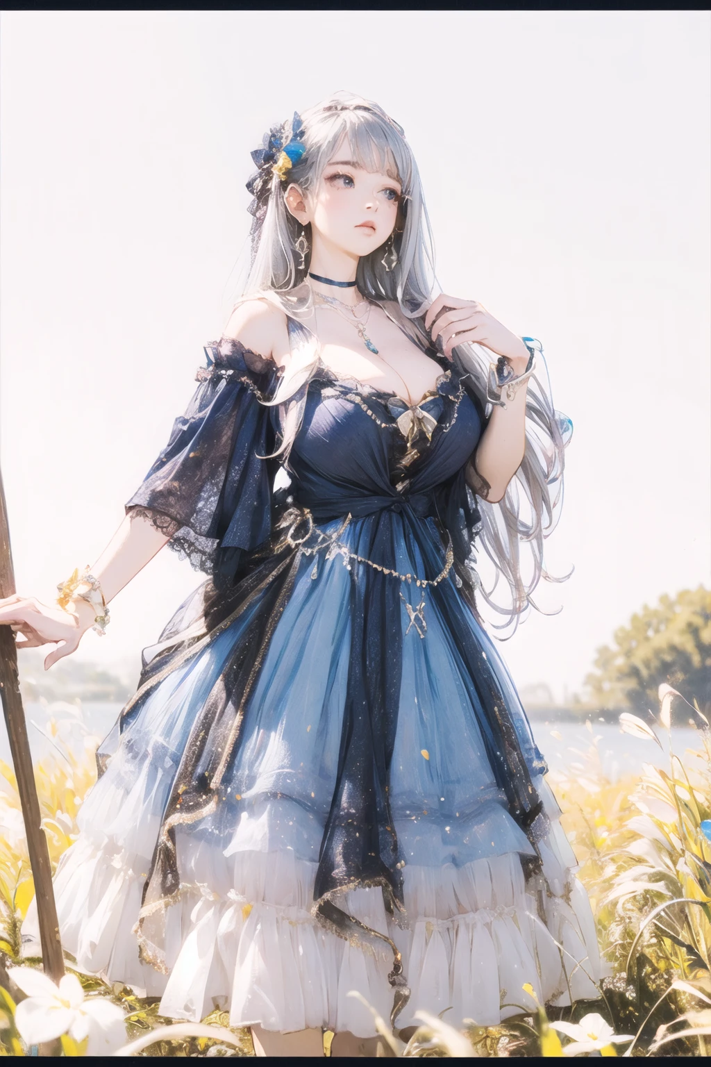 (masterpiece, best quality:1.2),illustration,8k,hd,huge filesize,lens flare,1 girl,very long hair,solo,cldqz,dress,blue dress,hair ornament,bracelet,jewelry,choker,bracelet,bow,necklace,(silver hair:1.1),huge breasts,(cleavage:1.2),bouncing breasts,day,extremely detailed dress,sky,crystalstexture skin,areola,nipples,off shoulder,<lora:killerè¸é¨å¤§å°è°èå¨v2-02:0.65>,