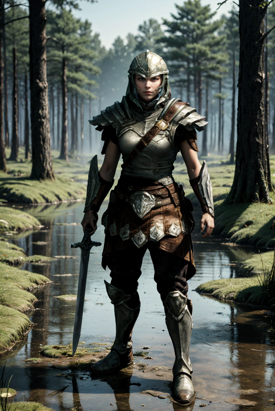 1girl,solo,beauty,armor,helmet,bracer,boots,((holding long sword)),looking at viewer,night,wetland,forest,full body,Highly detailed,(ultra-detailed),(best quality,masterpiece:1.5),<lora:The Elder Scrolls V Skyrim-Empire Armor:0.7>,