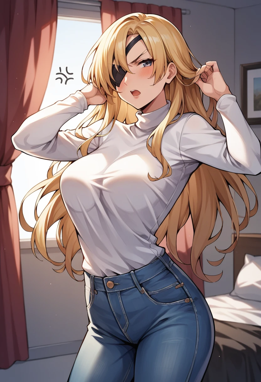 score_9, score_8_up, score_7_up,  source_anime,  BREAK,   <lora:RubyMVC2:0.8>,  RubyMVC2, long hair, blonde hair, eyepatch, white turtleneck, jeans, upper body, adjusting hair, blush, open mouth, annoyed, breasts, curtains, bedroom,