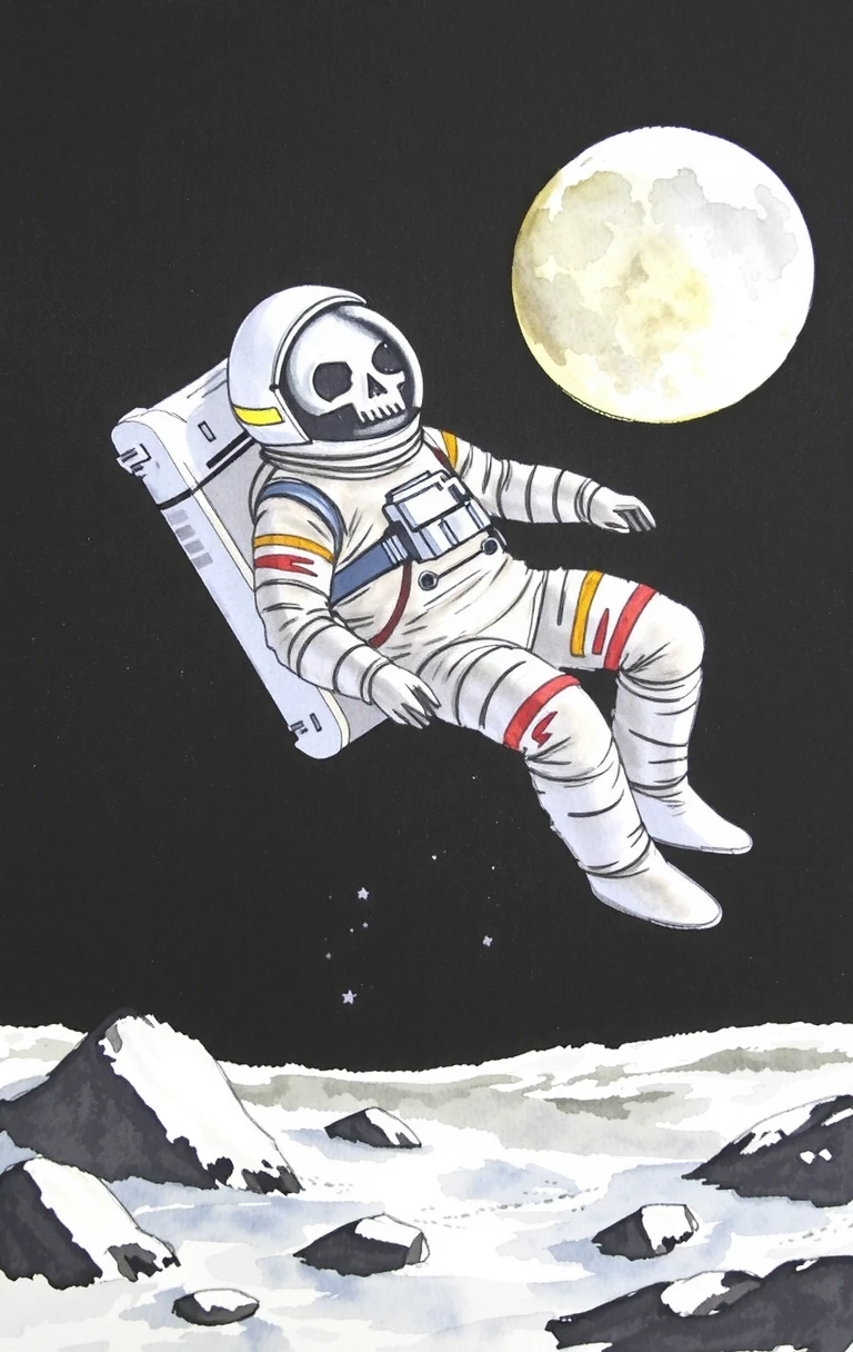 watercolor painting is an illustration of an astronaut floating on the surface of the moon. The astronaut is wearing a full-body suit with a helmet that has a skull-like design on it. The helmet has a yellow stripe on the side and a large visor that covers the entire face. The background is black with a full moon visible in the top right corner. The ground below the astronaut is covered in snow and rocks. The overall mood of the image is eerie and mysterious.