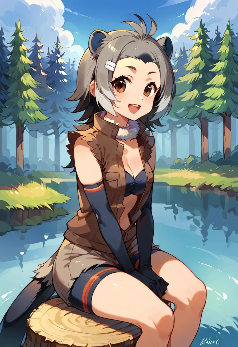 1girl, ((solo)), best quality, ultra-detailed, extremely detailed, perfect anatomy, masterpiece, score_9, score_8_up, score_7_up, american beaver (kemono friends), animal ears, brown eyes, tail, grey hair, antenna hair, multicolored hair, short hair, hairclip, elbow gloves, black gloves, brown jacket, open jacket, sleeveless, fur collar, shorts, bikini top, shoes, outdoors, lake in a forest clearing background, blue skies, sun shining in, lake, forest clearing, blue skies, sunny day, sitting on a tree stump, clearing, pristine water, feet in water, sitting, open mouth smile, happy, looking at viewer, arms at sides,