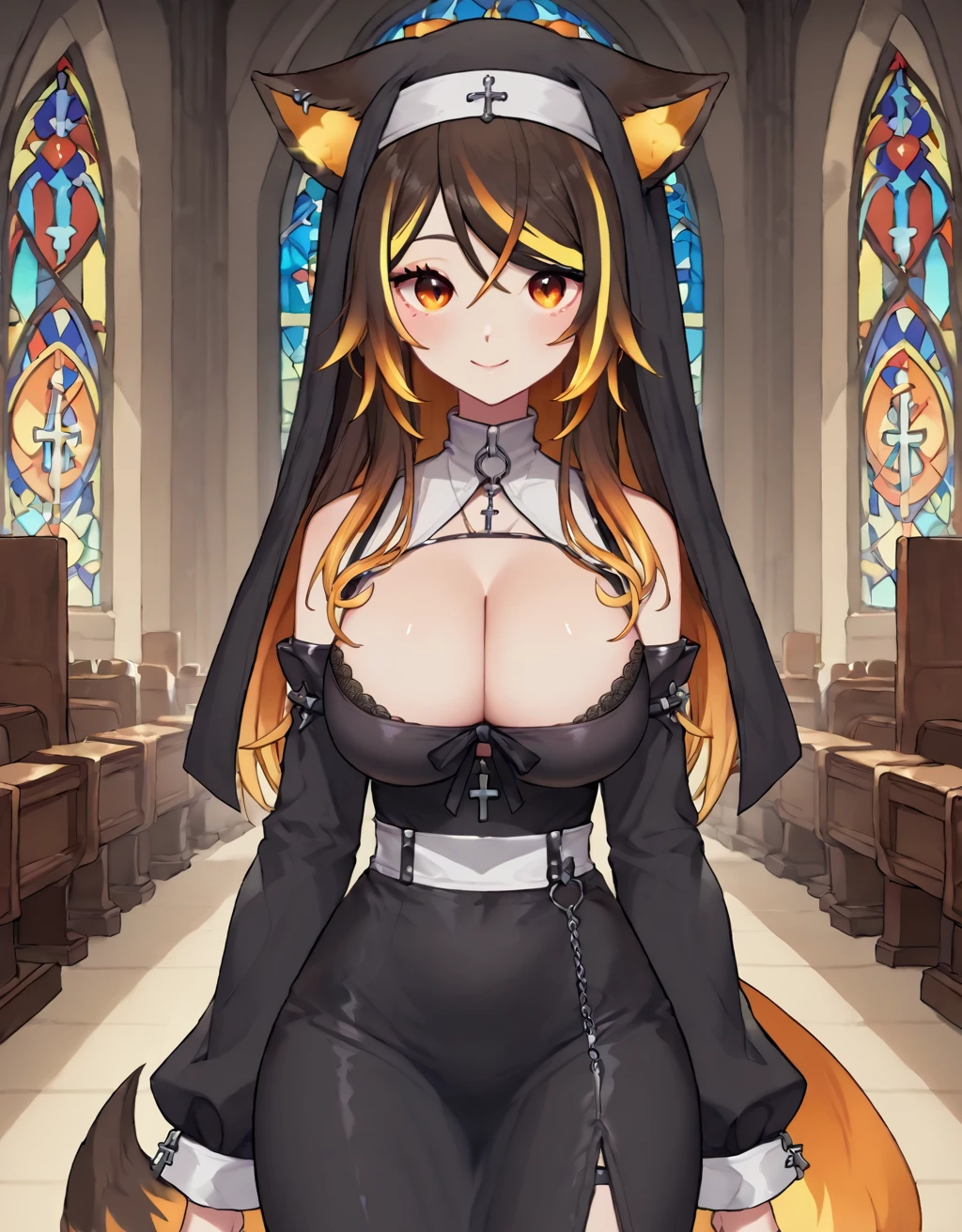 score_9, score_8_up, score_7_up, 2d, cute, thick body, source_anime, 

1girl, animal ears, orange eyes, large breast, multicolored tail, long hair, multicolored hair,

nun outfit, cross, nun hood, nun dress, cleavage,

church,

 
<lora:Sinder_Vtuber_Classic:0.9>