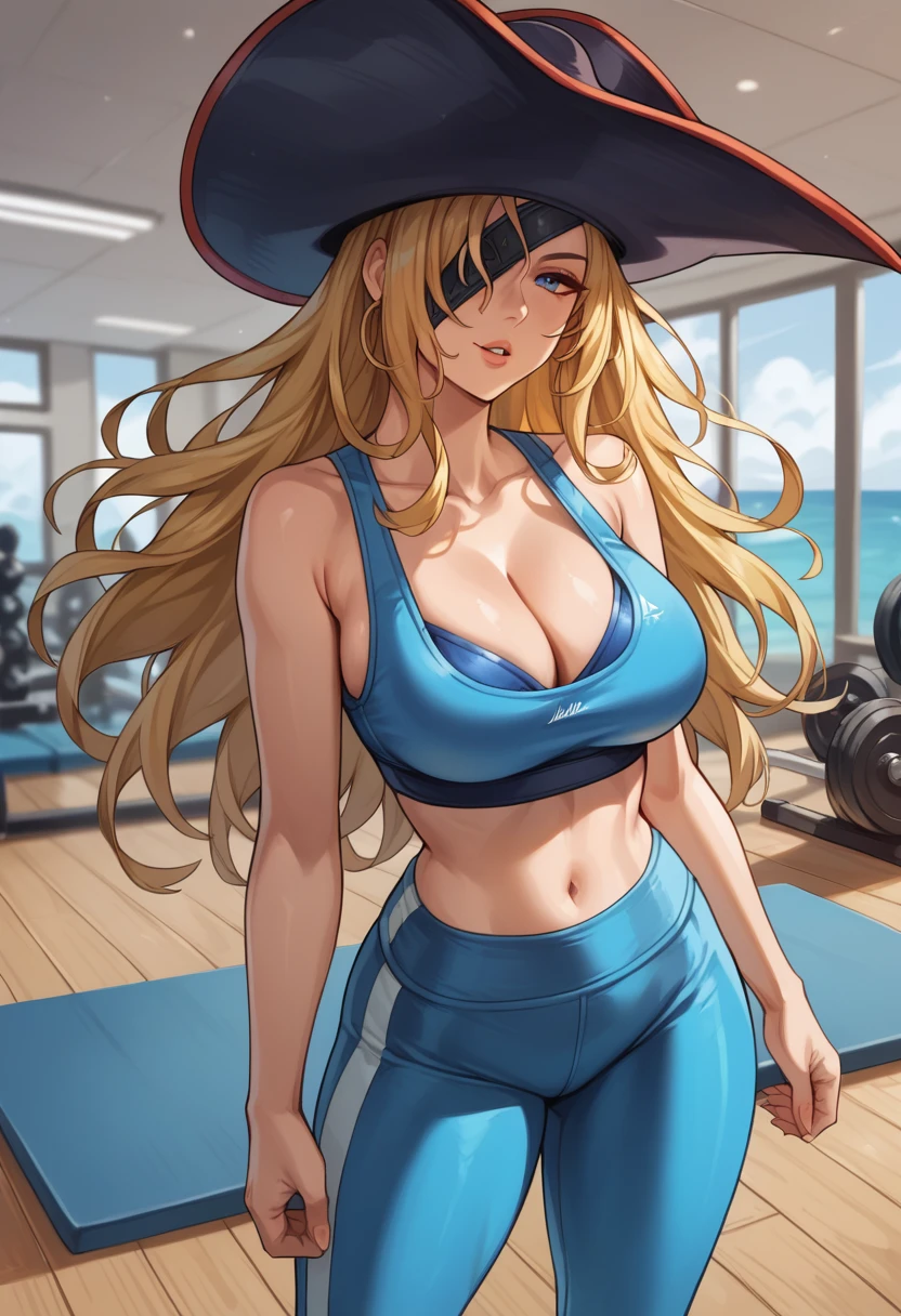 score_9, score_8_up, score_7_up,  source_anime,  BREAK,  ,  <lora:RubyMVC2:0.9>,   RubyMVC2, RubyMVC2, long hair, blonde hair, pirate hat, eyepatch, blue sports bra, cleavage, large breasts, midriff, blue yoga pants, looking at viewer, gym, gym, parted lips,