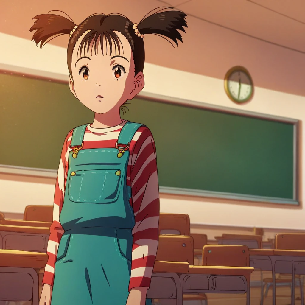 score_9, solo, uran_pluto, twintails, black hair, brown eyes, striped shirt, overalls, skirt, cute, classroom