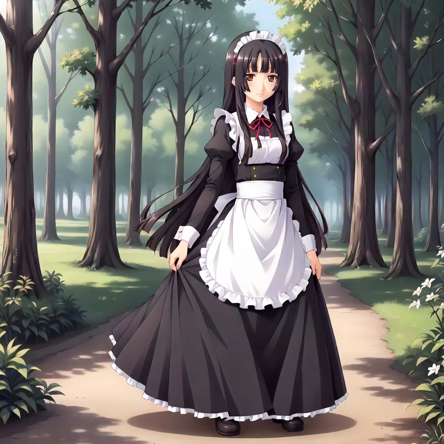 <lora:SDG_HiyoriKozakuraXLpony001>,
outdoors,nature,
solo,
HiyoriKozakura,1girl,black hair,long hair,hime cut,brown eyes,
standing,
maid,