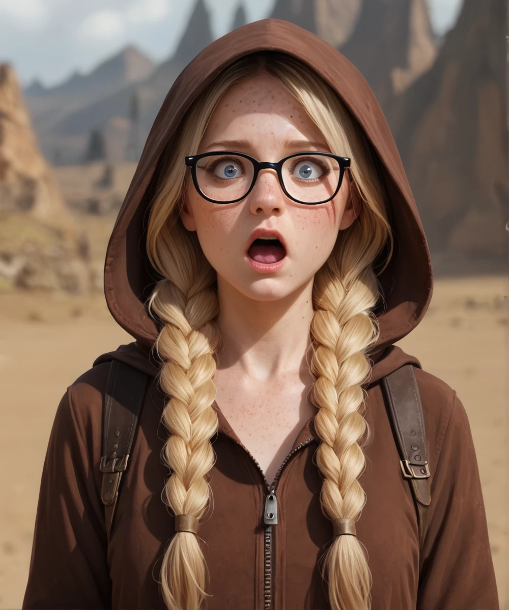 realistic, 1girl, blonde braids, glasses, freckles, surprised, hood, adventurer, fantasy