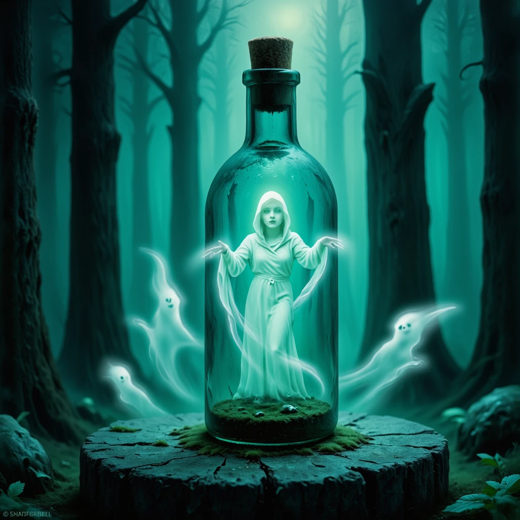 Closeup of a ghost in a bottle. Detailed face.

Fantasy style. Fantasy dreamlike art.

ghstlyCE style