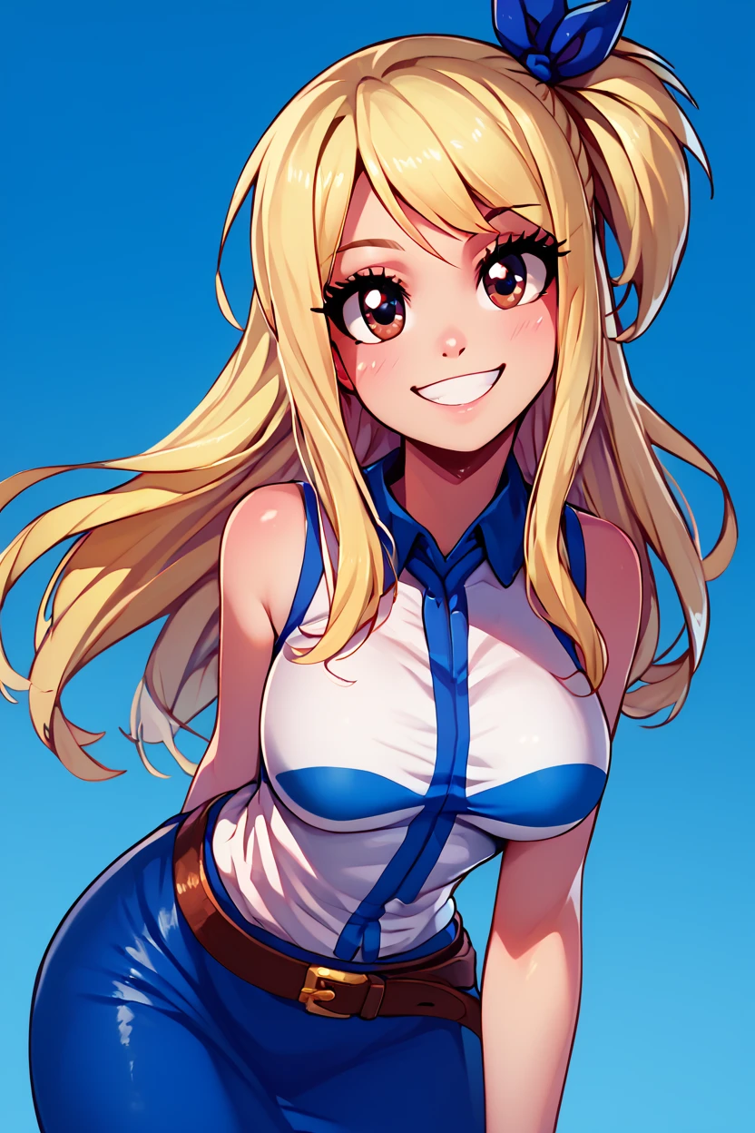 score_9, score_8_up, score_8, medium breasts, (curvy), cute, eyelashes,       BREAK, , aaLucy, hair ribbon, side ponytail, blonde hair, long hair, large breasts, white shirt, sleeveless, belt, blue skirt, <lora:Lucy_Heartfilia_PDXL_v2:0.8>, , BREAK, looking at viewer,  smile, upper body, leaning forward, head tilt,  embedding:zPDXL, Expressiveh, <lora:theButcherXPDXL:1.0>, <lora:CatalystStylePDXL:0.6>,  <lora:SDXLFaeTastic2400:0.5>,  <lora:Expressive_H-000001:0.4>,