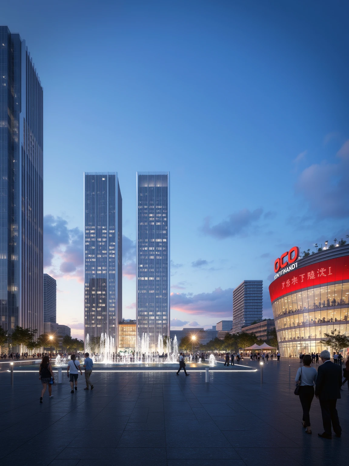 a vibrant cityscape at dusk, showcasing the dynamic interplay of architecture and urban life. The scene unfolds in front of two towering skyscrapers, their glass facades reflecting the fading light of the sky. These structures stand as silent sentinels overlooking a bustling plaza below.
In the heart of this urban tableau, a large fountain serves as a focal point, its water jets creating a lively atmosphere. People can be seen strolling around the fountain, adding a sense of movement and liveliness to the scene. Their presence suggests a space designed for relaxation and social interaction.
To the right, a modern building with a curved glass facade catches the eye. Its design is contemporary, yet harmonizes with the surrounding architecture. This building features a prominent red sign that reads "OCO XINTIANDI", indicating it may be a commercial or cultural hub within the area.
The sky above transitions from shades of blue to hints of orange, signaling the end of the day. This color gradient adds depth and contrast to the image, enhancing the overall visual appeal.
Overall, the video captures a moment of everyday urban life, where architectural beauty meets human activity against the backdrop of a setting sun.