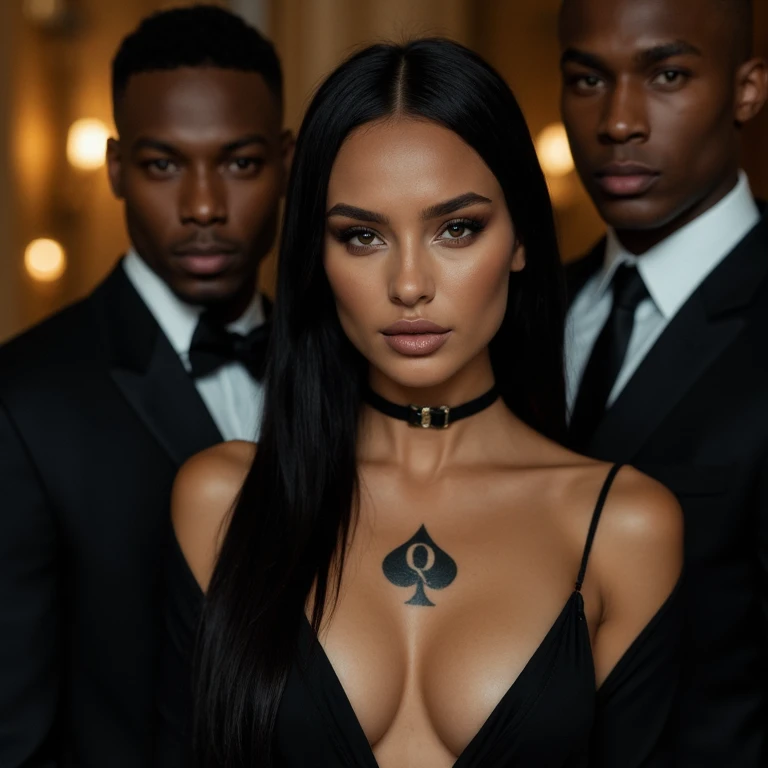 cinematic photograph in a modern penthouse, a stunning 20-year-old model with a QOS tattoo on her stomach, queen of spades tattoo, she stares directly at the viewer, she is surrounded by two young black men, the black men are tall, the black men are muscular, the men are wearing black suits, blacked, tattoo of spade with q in it