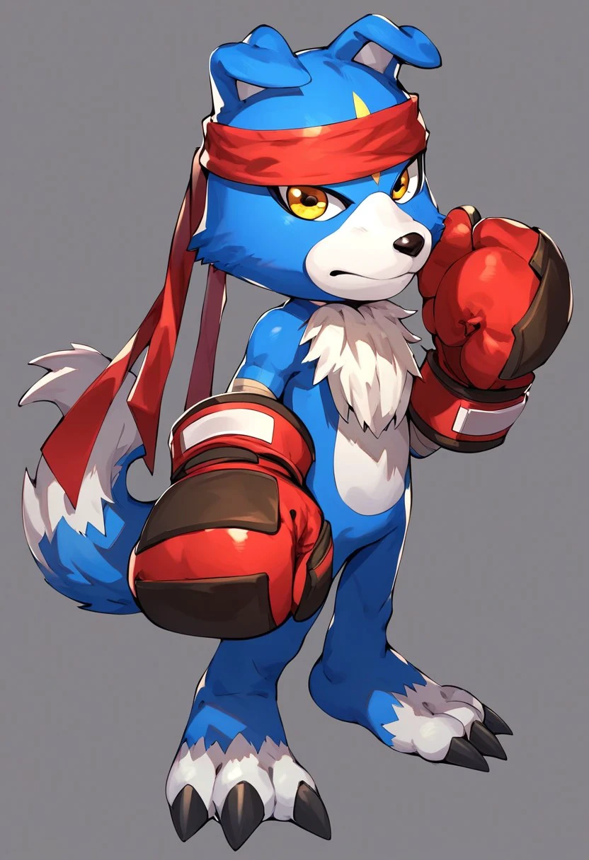 gaomon (character), digimon (creature), dog boy, blue body, boxing gloves, headband, yellow eyes, anthro, score_9, score_8, score_7_up, score_6_up, solo, standing, full body