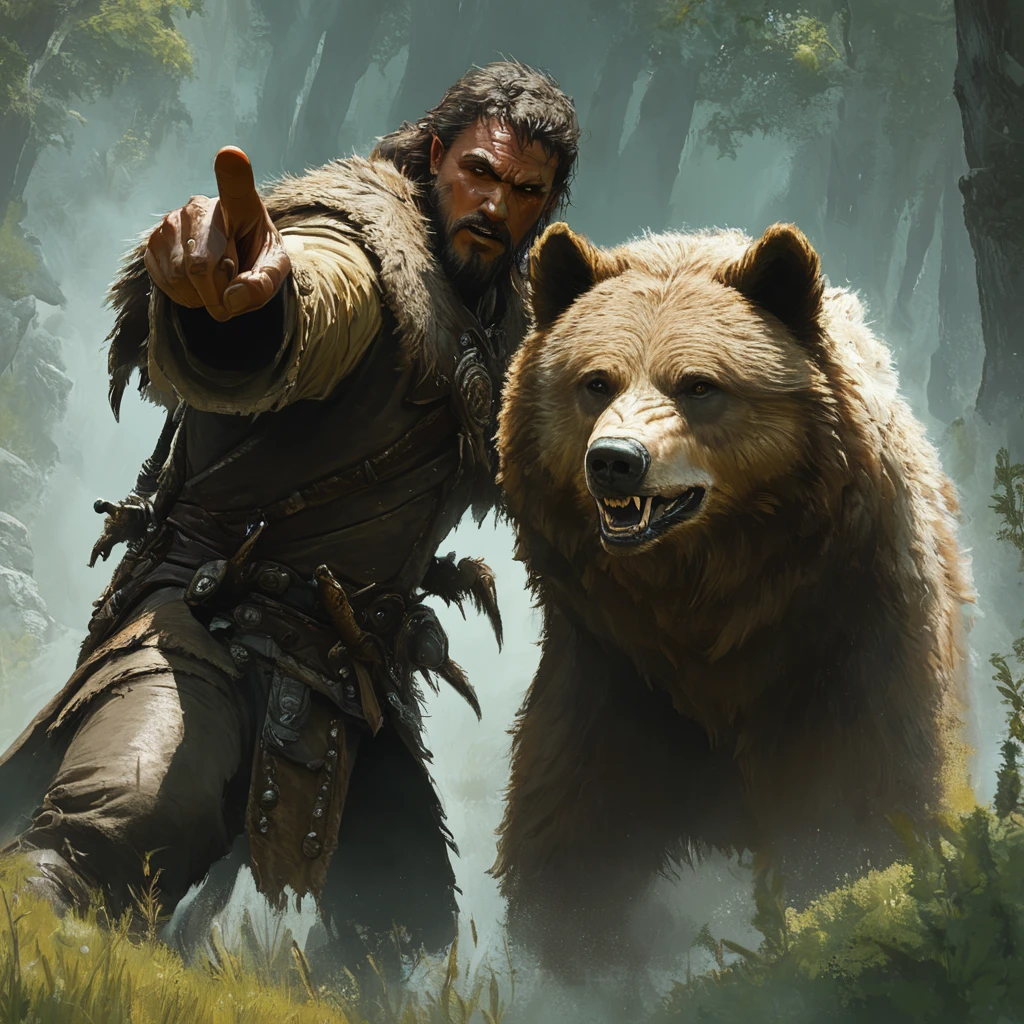 Ranger and bear, 1man, beastmaster, pointing