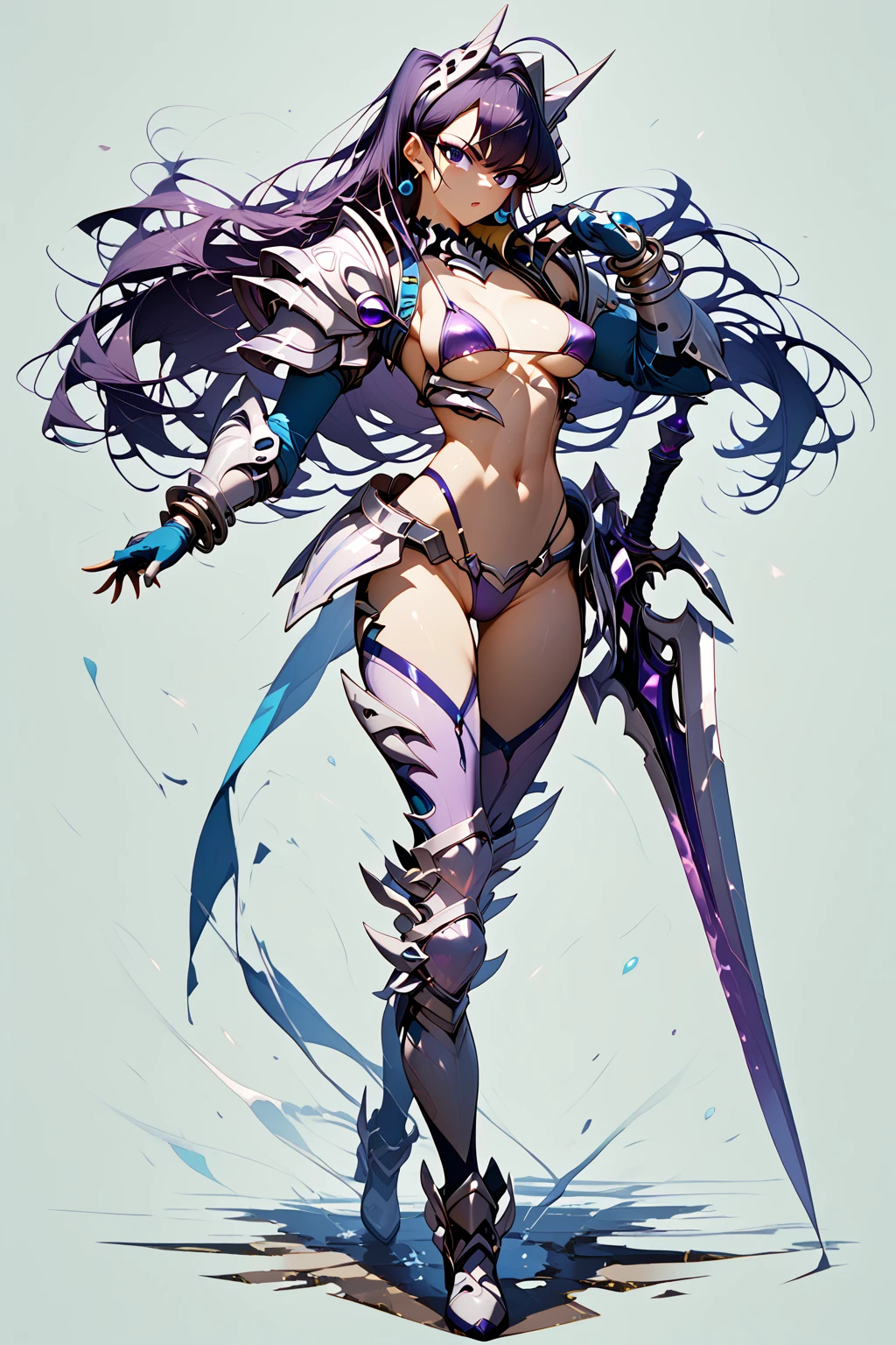 score_9, score_8_up, score_7_up, score_6_up, BREAK, 1girl, bikiniarmor, <lora:Bikini_Armor_PonyXL:1> full body, dynamic pose, holding weapon, komi shouko, purple hair,