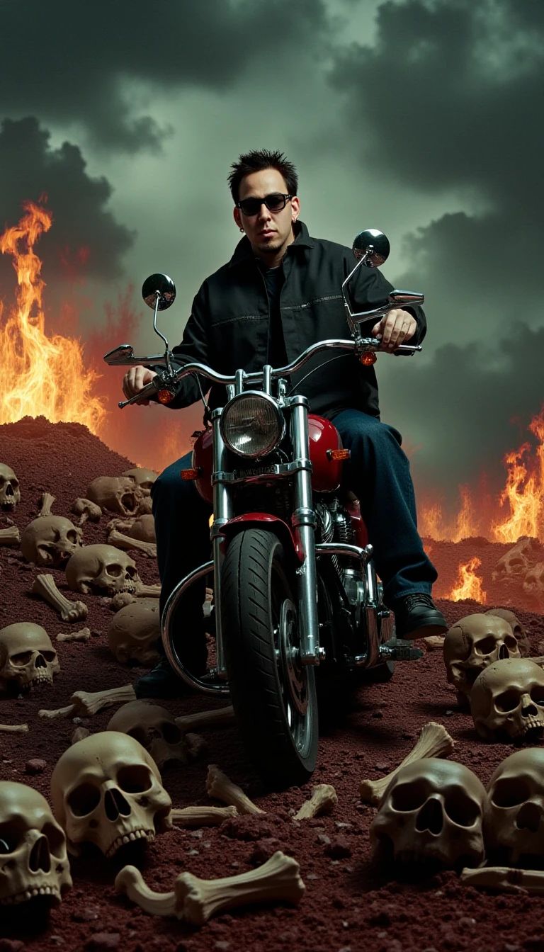 handsome chester_numb riding motorcycle among pile of skulls, sunglasses, sinister, stormy, twilight sky filled with swirling clouds, the ground littered with bones and debris, dark grays, blacks, and browns dominate, accented by fiery orange and red, enhancing the eerie, macabre atmosphere