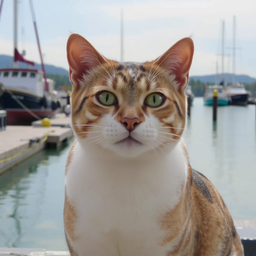 high key, over exposure, a portrait of cat at the port in a dock, coastal view,cast day