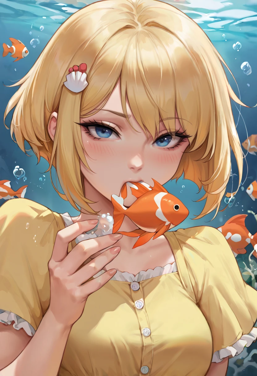 score_9, score_8_up, score_7_up, BREAK ict style, 1girl, yellow dress, eating, hair ornament, bubble, blush, orange fish, blonde hair, blue eyes, looking at viewer, dress, short hair, underwater,