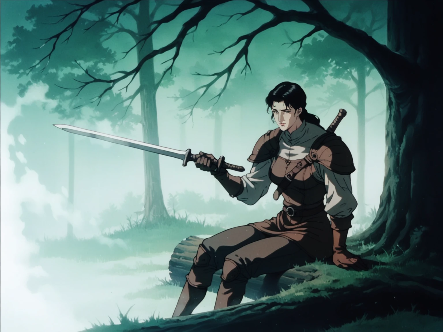 adult woman, sitting on tree log, black hair, grass, brown leather armor, brown gloves, forest, holding sword, dead black tree, fog, green fog, night, medieval, fantasy, solo,<lora:ScrollD:0.8>, score_9, score_8_up, score_7_up, zPDXL3