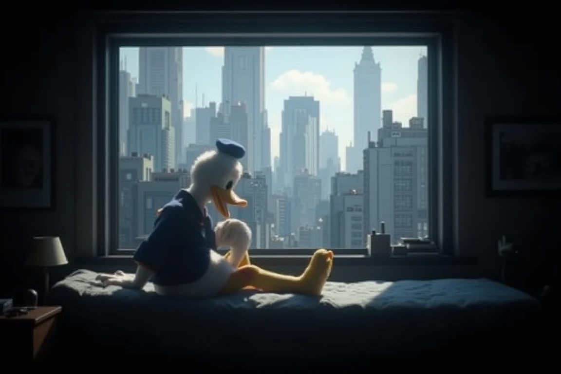 donald duck sitting on a bed by the koukaku window, knee up, look out the window, cityscape, dark room