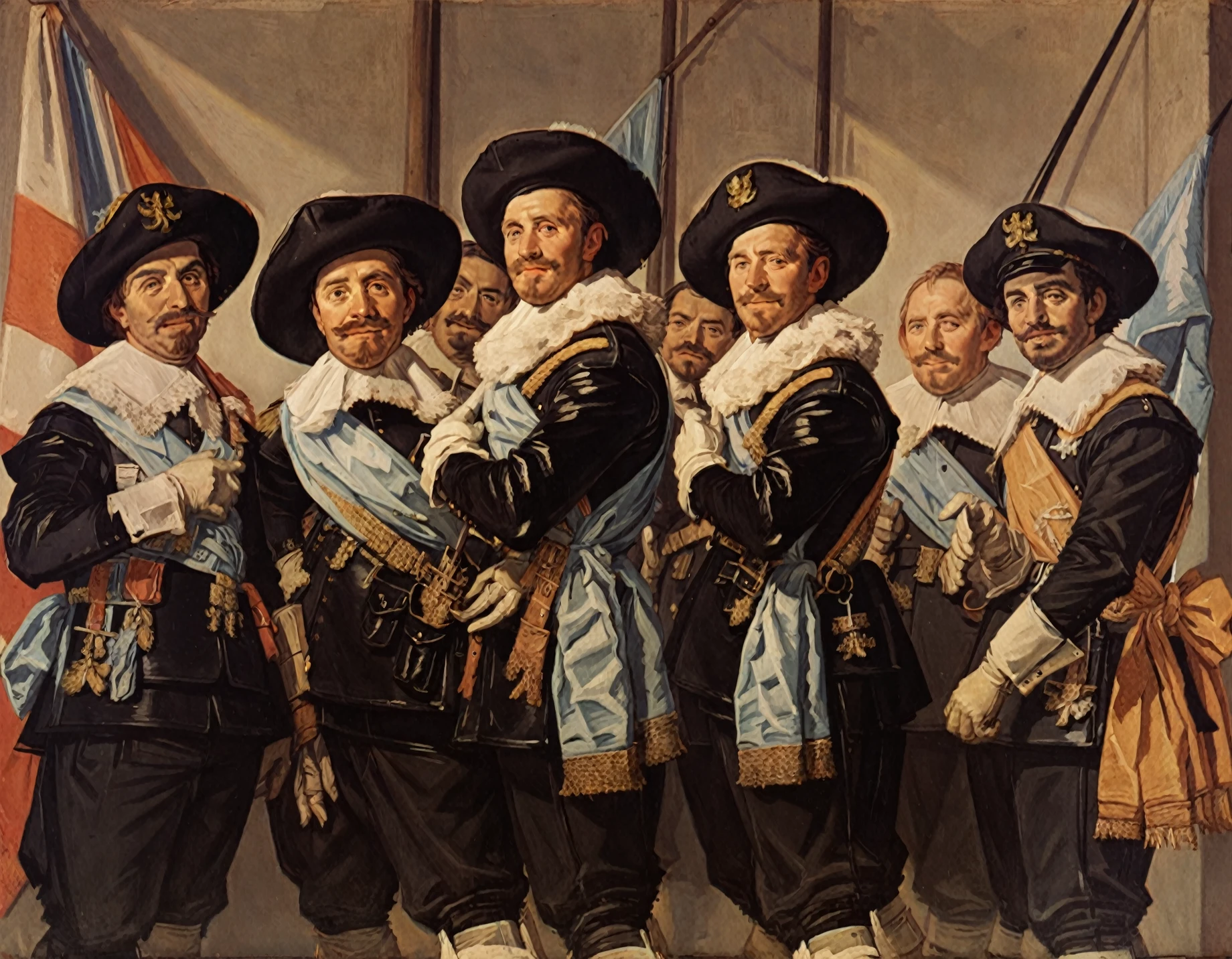 <lora:frans-hals_pony_v3:1> ' Officers ' by Hals Frans in 1633, portrait \(genre\), Baroque \(style\), male-portraits, group-portraits, military-and-soldiers,,, score_9, score_6_up, score_7_up