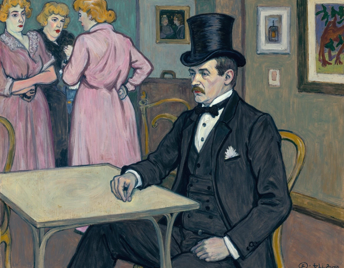 The art by Ltrc depicts a man seated at a table wearing a dark suit and a top hat.In the background to his left there's a woman in a pink dress and behind her another woman with blonde hair. The setting seems to be an indoor space possibly a cafe or an art studio with a muted color palette dominated by blues purples and pinks.