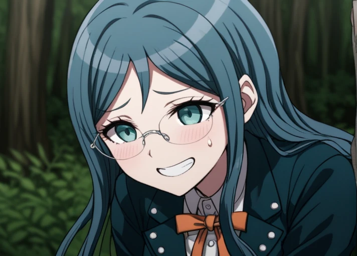 <lora:Tsumugi_Shirogane_SDXL:1>  This anime screencap is from Danganronpa the Animation.  Tsumugi Shirogane wearing her uniform from Danganronpa V3. Tsumugi Shirogane has knee-length dark teal-blue hair parted in the center which is straight and smooth at the base and gradually splits into waves near the tips. Her eyes are large, round, and are a soft teal-green color. Tsumugi wears round, rimless glasses with white temples. Tsumugi's Danganronpa V3 school uniform consists of a white blouse with an orange bow tied at her collar underneath a two-button, pocketed, teal-black school blazer adorned with two silver buttons on each lapel and a single button on each gorge. She wears a knee-length teal-black pleated skirt with two dark teal stripes lining the hem. Her legwear consists of dark navy knee-length socks and teal-gray loafers.  Tsumugi Shirogane is within the setting of a A close-up shot of Tsumugi Shirogane's face and finger. A beetle is crawling along Tsumugi's finger as she looks at it. She's smiling, but also crying. She is leaning forward, with her head taking up most of the image's background. Though a forest can be seen behind her. This is a close up of Tsumugi Shirogane's face, finger, and the beetle crawling on her finger.