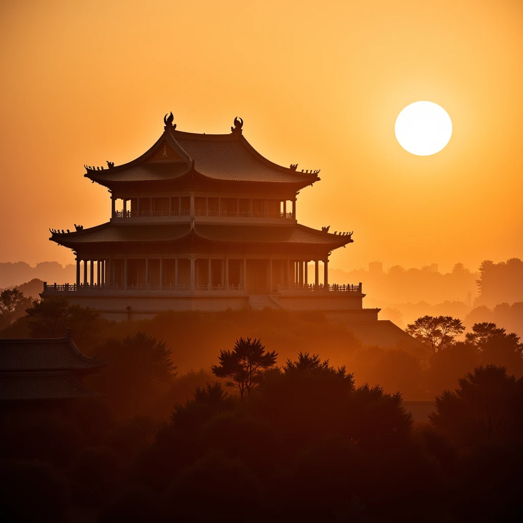 Huayan Temple, an embodiment of Chinese traditional culture and Shanxi's ancient architectural heritage, is captured in a serene scene bathed in the warm hues of the setting sun.
The temple, with its classic Chinese architectural features, stands majestically under the golden light of the sunset. Its tiered roof, ornate eaves, and carved details are accentuated by the soft glow of the declining day, highlighting the temple's historical significance and aesthetic charm.
The image captures the temple's silhouette against a backdrop of the setting sun, casting a warm, orange light that envelops the structure, creating a tranquil and contemplative atmosphere. This scene encapsulates the essence of the Huashan Temple as a spiritual and cultural landmark, with the sunset symbolizing the passage of time and the enduring beauty of China's architectural legacy.