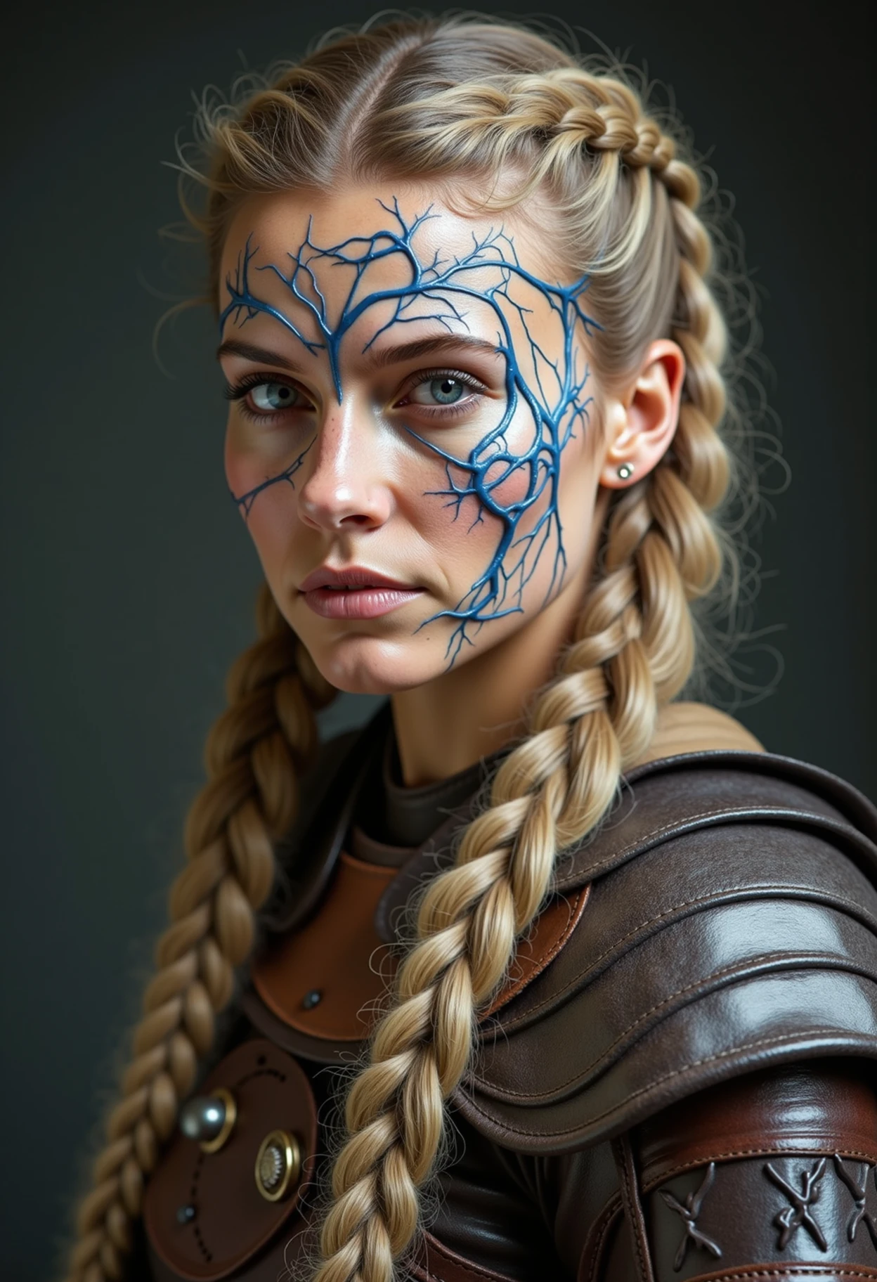 A striking portrait of a Viking warrior woman with long, braided blonde hair and a strong, determined expression. Her face is adorned with intricately arranged blue veins that are visible under her fair skin, creating a beautiful, almost artistic pattern like a network of neurons. The veins run gracefully across her temples, cheeks, and forehead, accentuating her fierce yet elegant appearance. She wears traditional Viking leather armor with subtle detailing, and a hint of battle-worn strength can be seen in her eyes. Despite the unusual venous pattern, her beauty is undeniable, combining both strength and grace. <lora:veiny_veins_flux_v1:0.65>