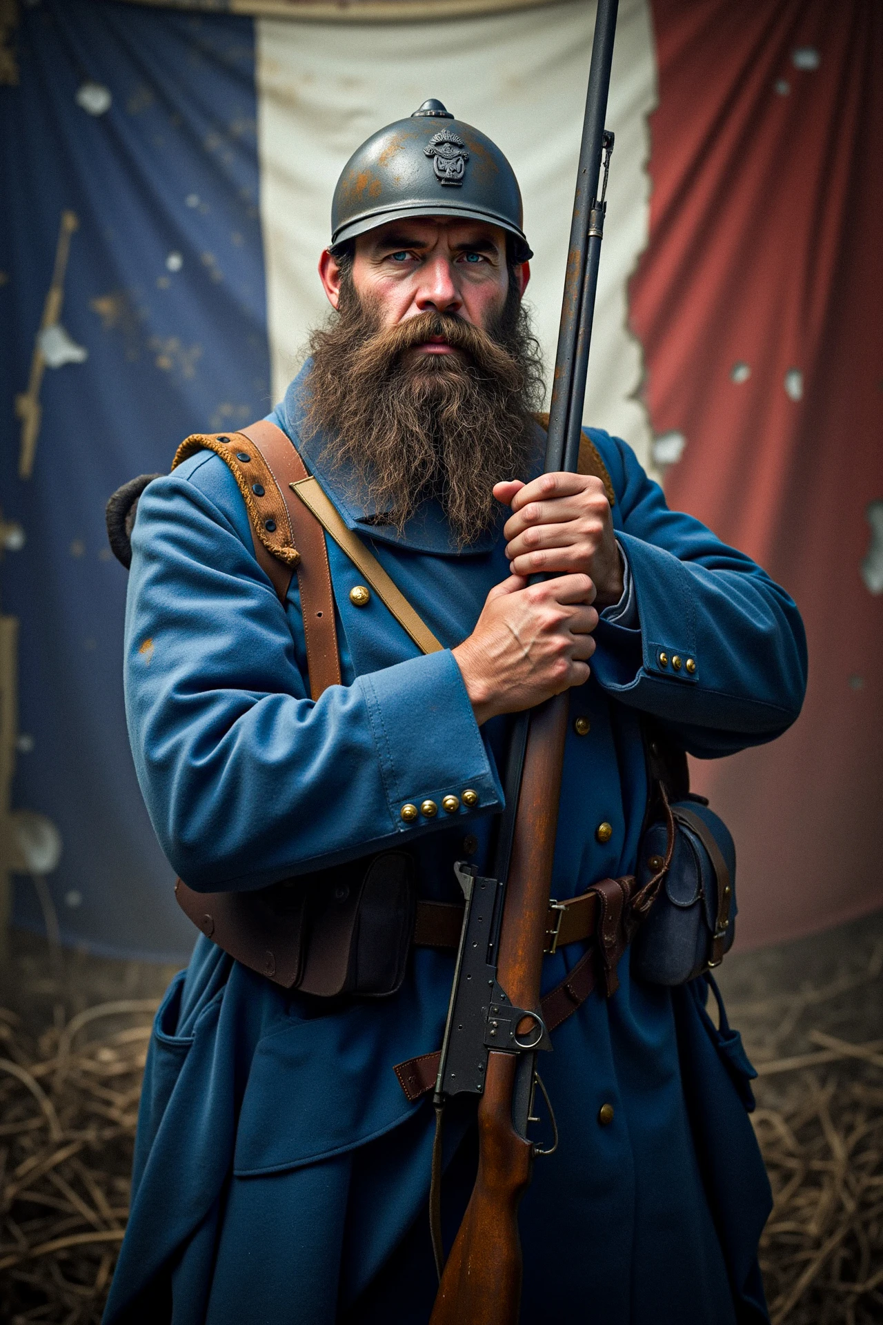 A rugged French WW1 soldier, with a huge beard and mustache, scars from warfare, stands proudly in the whole frame. His blue uniform shows heavy wear from battle, dirt and mud, and his crested helmet gleams under the light. He holds his rifle firmly, the butt resting on the ground while his hand grips the barrel. His gaze is fixed to the viewer, eyes sharp with determination and resilience. Behind him, a huge torn French flag, and a desolate battlefield<lora:french_soldier_flux_v1:1>