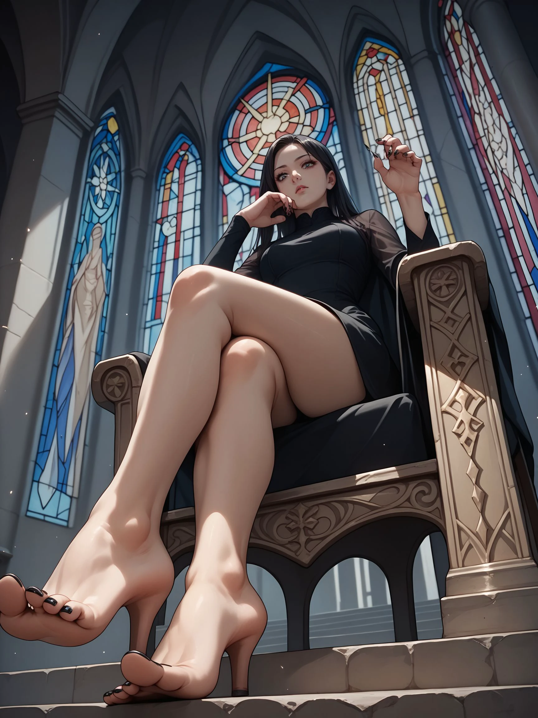 score_9_up, score_8_up, score_7_up, anime
a woman sitting in a chair, throne, cathedral, stained glass,
<lora:heelfeet-ponyxl-v1a:0.6>, h33lfeet, barefoot, black nail polish, heels, from below, crossed legs,