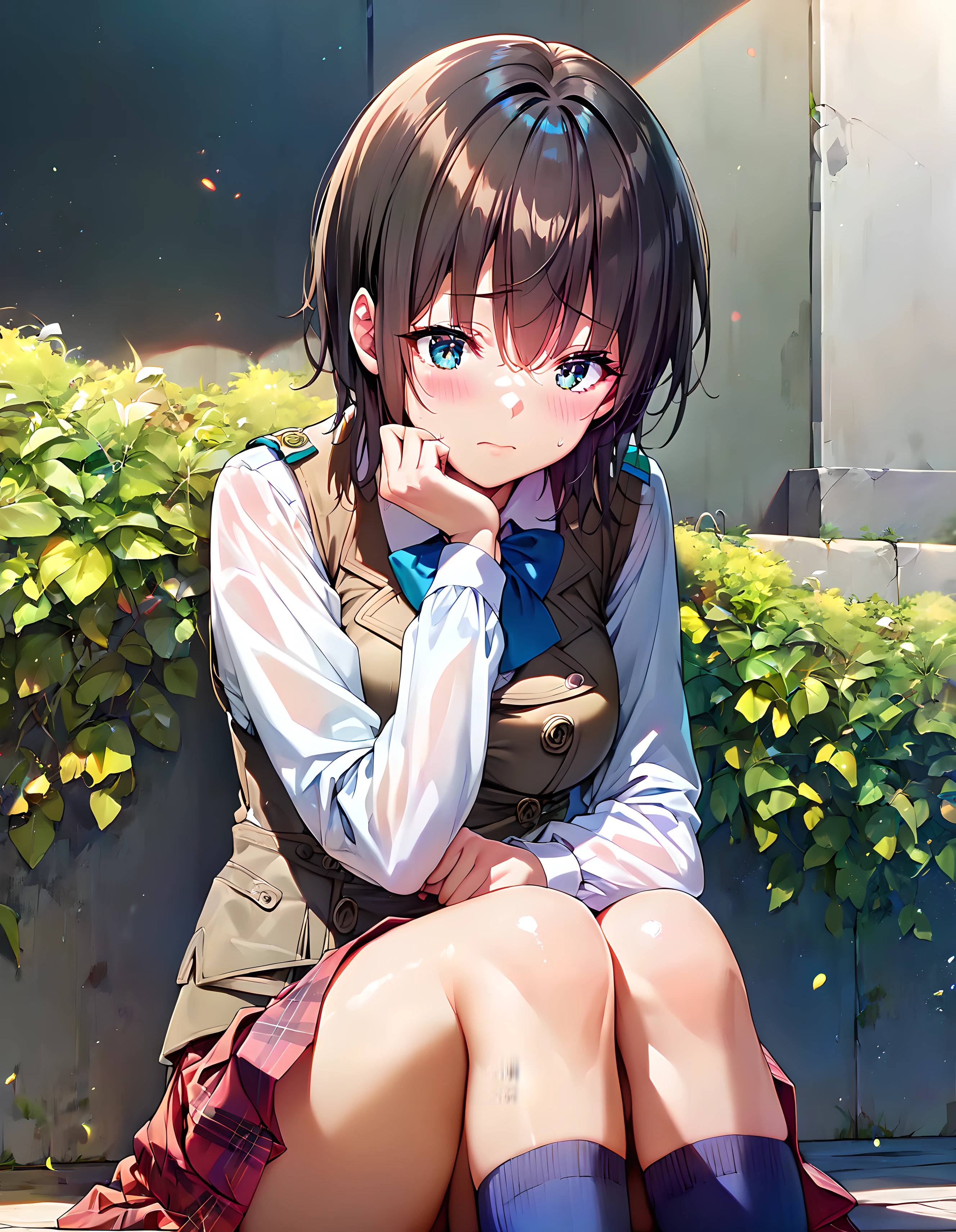 <lora:pony_xl_aoi:0.9>,aoi,score_9,score_8_up,score_7_up,source_anime,best quality,masterpiece,super fine illustration,1girl,solo,school uniform,vest,white collared shirt,long sleeves,blue bowtie,red skirt,plaid skirt,blue knee high socks,outdoor,shy,embarrass,light_blush,knees_together_feet_apart,wariza,sitting,hand_between_legs,cowboy_shot,