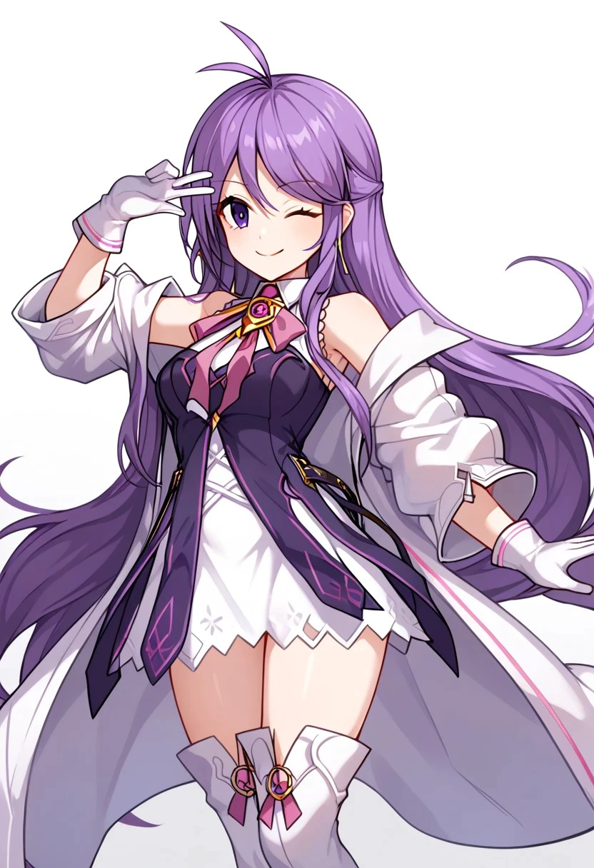 score_9, score_8_up, score_7_up, source_anime, good anatomy, 1girl, solo, AishaAS, antenna hair, ahoge, long hair, purple hair, sidelocks, very long hair, purple eyes, amulet, pink ribbon, wing collar, white and purple dress, layered dress, sleeveless dress, leather belt, off shoulder coat, white coat, white gloves, white thighboots, zettai ryouiki, smiling,  leaping, one knee raised, winking