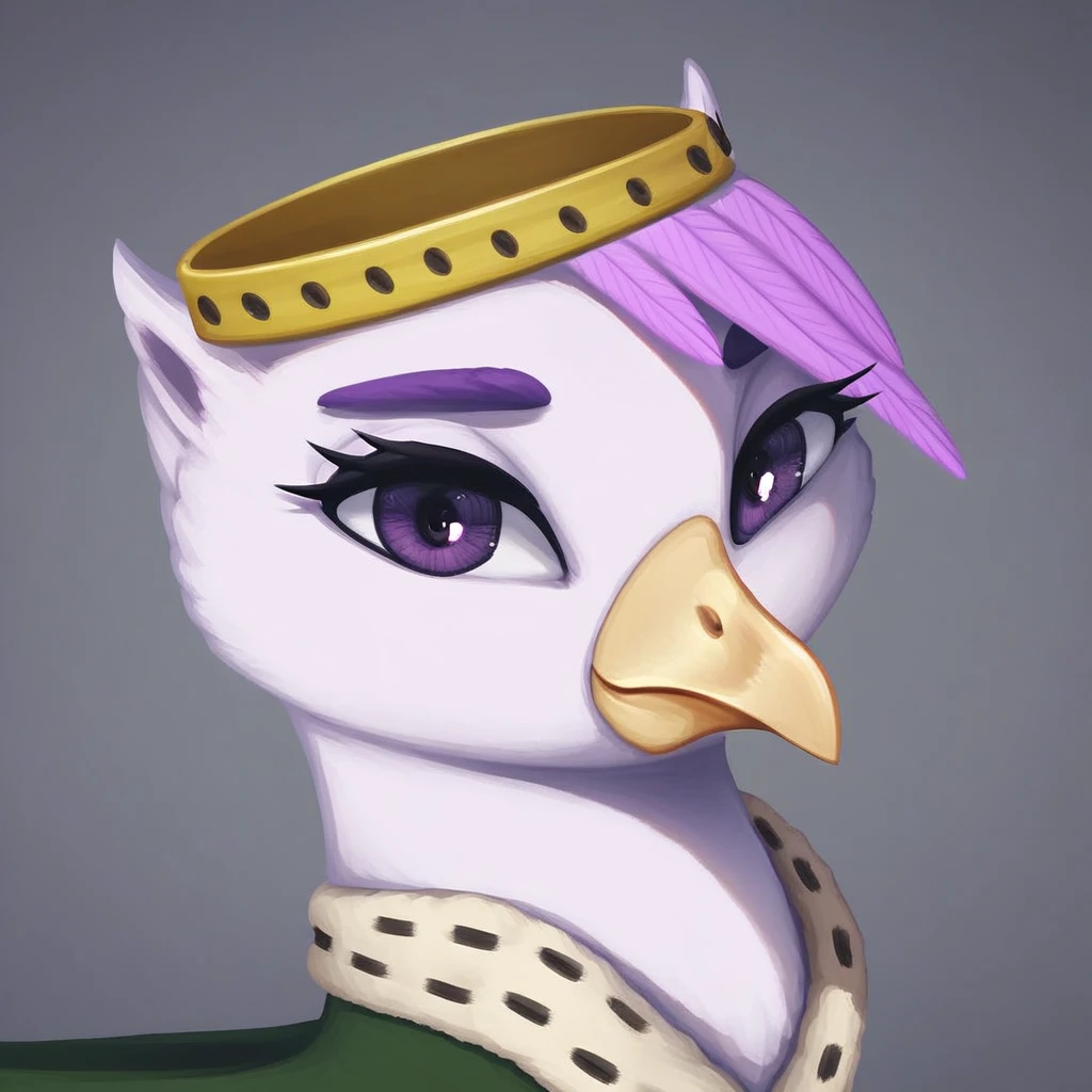 masterpiece, score_9_up, score_8_up, score_7_up, score_6_up, (best quality:1.1), ultra-detailed, high resolution, solo, Taillow Sumpfkiel, countess, griffon, griffon oc, mlp, avian, feral, female, (((beautiful detailed purple eyes))), long eyelashes, purple eyebrows, yelow beak, closed mouth, smile, white feathers, feathery ears, pink feather hair, modest gold crown, green royal clothes, white collar with black dots, looking at the viewer. detailed facial features, portrait, expressiveh, simple background, highly visible, sharp focus, anatomically correct