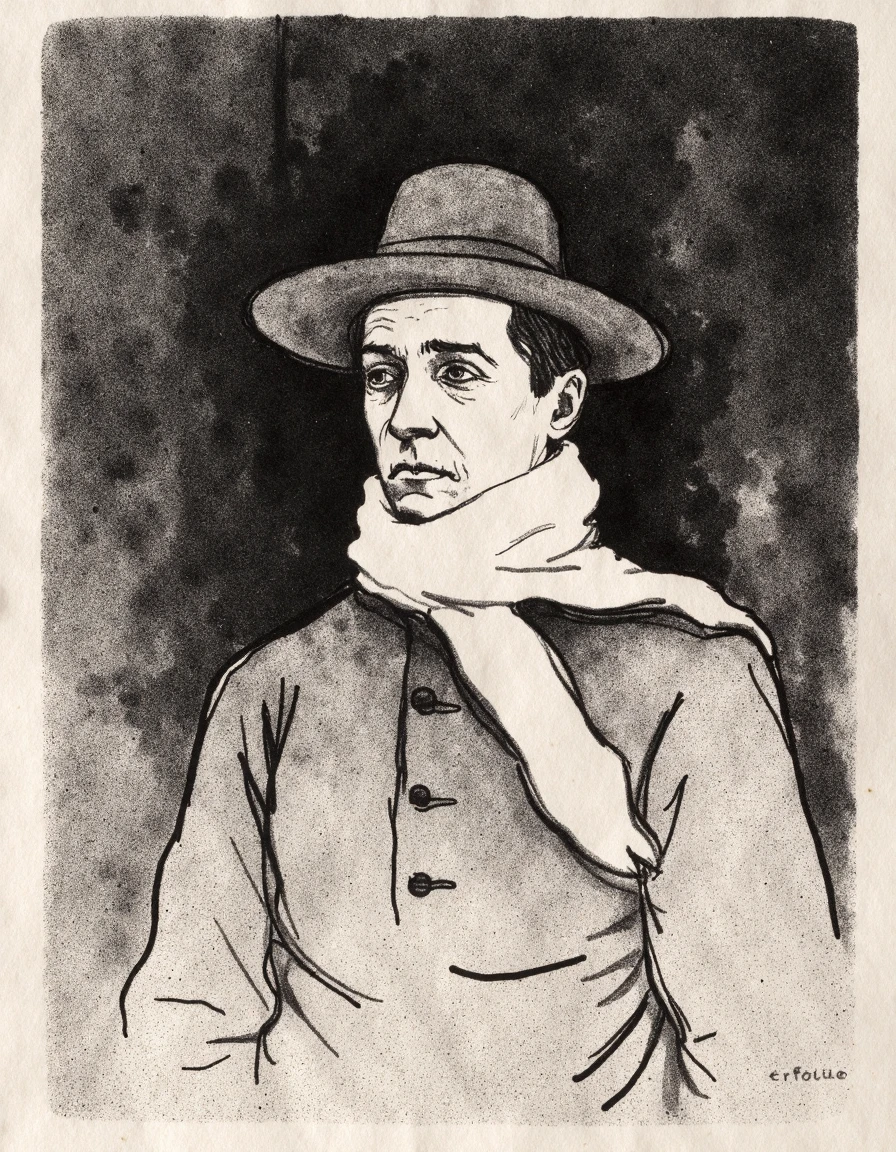 The art by Ltrc depicts a monochromatic possibly charcoal or ink sketch of a man. The man appears to be wearing a wide-brimmed hat and a scarf wrapped around his neck. The composition is focused on the man's face and upper body with the background being abstract and dark. The overall mood of the artwork is somber and introspective.