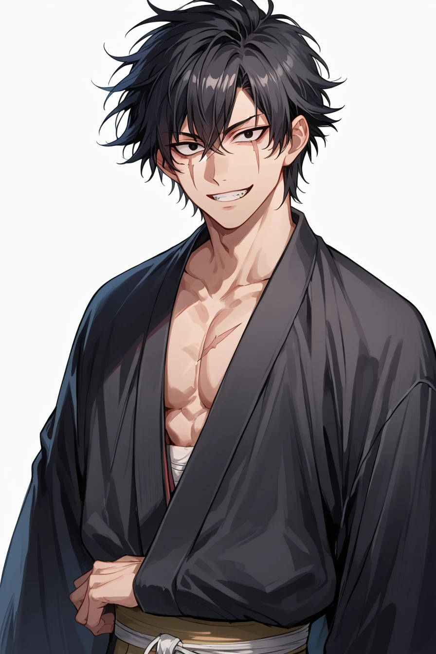 (score_9, score_8_up, score_7_up) BREAK source_anime,1boy,solo,black eyes,,black hair,short hair,scar, scar on face,japanese clothes,arm inside kimono,muscular,black kimono,smile, teeth,looking at viewer,upper body,simple background, white background,<lora:casual_kimono_v1:1>