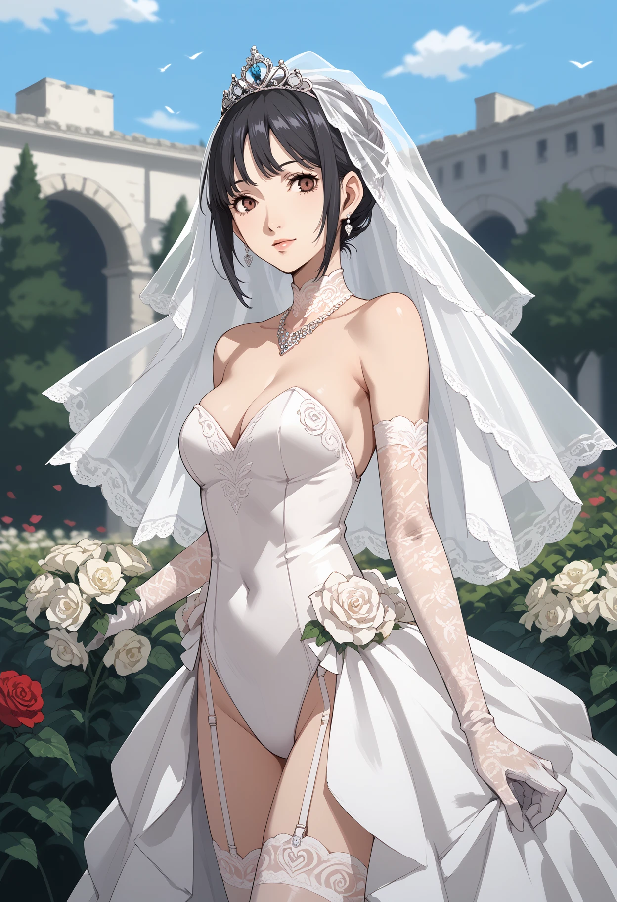 score_9, score_8_up, score_7_up, outdoors, 1girl, solo, looking at viewer, bridal, wedding dress, bridal veil, tiara, (leotard),