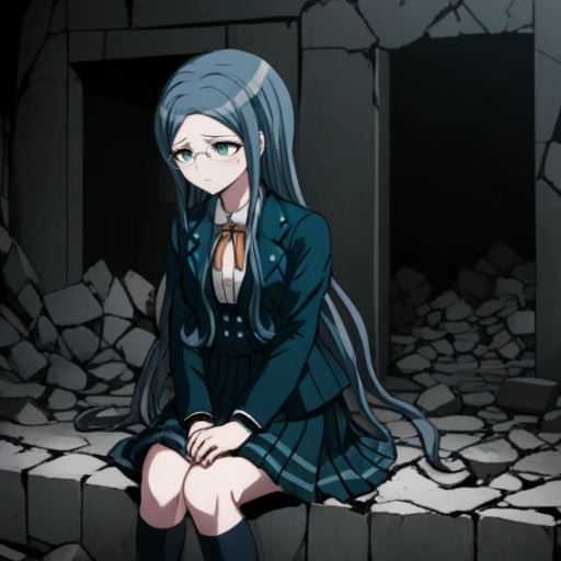 <lora:Tsumugi_Shirogane_SDXL:1>  This is an anime screencap from Danganronpa 3.  Tsumugi Shirogane is wearing her uniform from Danganronpa V3. Tsumugi Shirogane has knee-length dark teal-blue hair parted in the center which is straight and smooth at the base and gradually splits into waves near the tips. Her eyes are large, round, and are a soft teal-green color. Tsumugi wears round, rimless glasses with white temples. Tsumugi's Danganronpa V3 school uniform consists of a white blouse with an orange bow tied at her collar underneath a two-button, pocketed, teal-black school blazer adorned with two silver buttons on each lapel and a single button on each gorge. She wears a knee-length teal-black pleated skirt with two dark teal stripes lining the hem. Her legwear consists of dark navy knee-length socks and teal-gray loafers. Tsumugi Shirogane is outside the crumbled ruins of a grey stone building. The broken remains of a doorway arch are behind her. There is rubble all around Tsumugi. Tsumugi is sitting with her legs tucked up to her chest and her arms wrapped around them. She's leaning forwards with her head bowed and her hair cascading around her. She appears to be sad and despondent. This is a full-body shot.