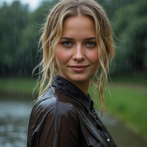 perfect photo of a soaked woman, wearing a wet collared shirt and pants, long damp blonde hair, brown eyes, freckles, warm and sensual smile, slender figure, standing in the rain at midday